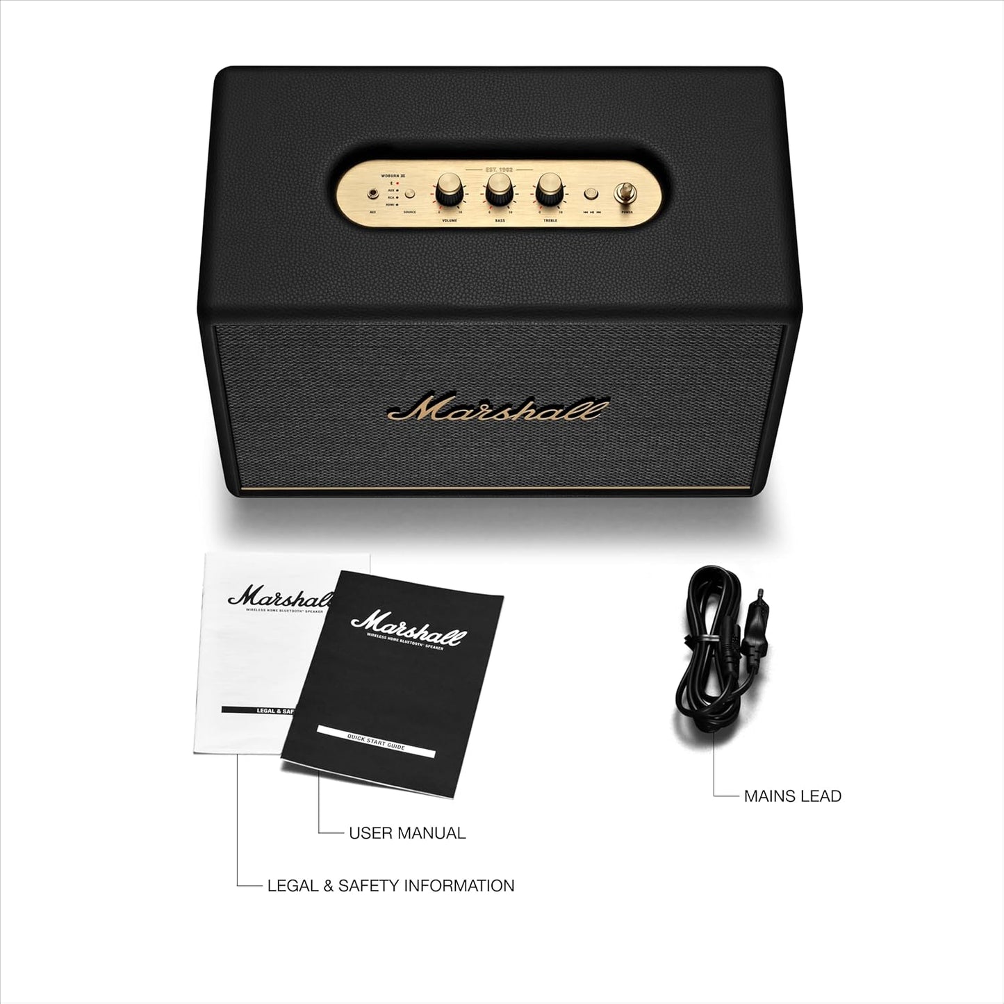 Marshall Woburn III Bluetooth Home Speaker - Loud Stereo Sound with Bass and Treble Controls | Plug-in Powered | Record Player Compatible | HDMI, RCA, 3.5 mm Aux Inputs - Black