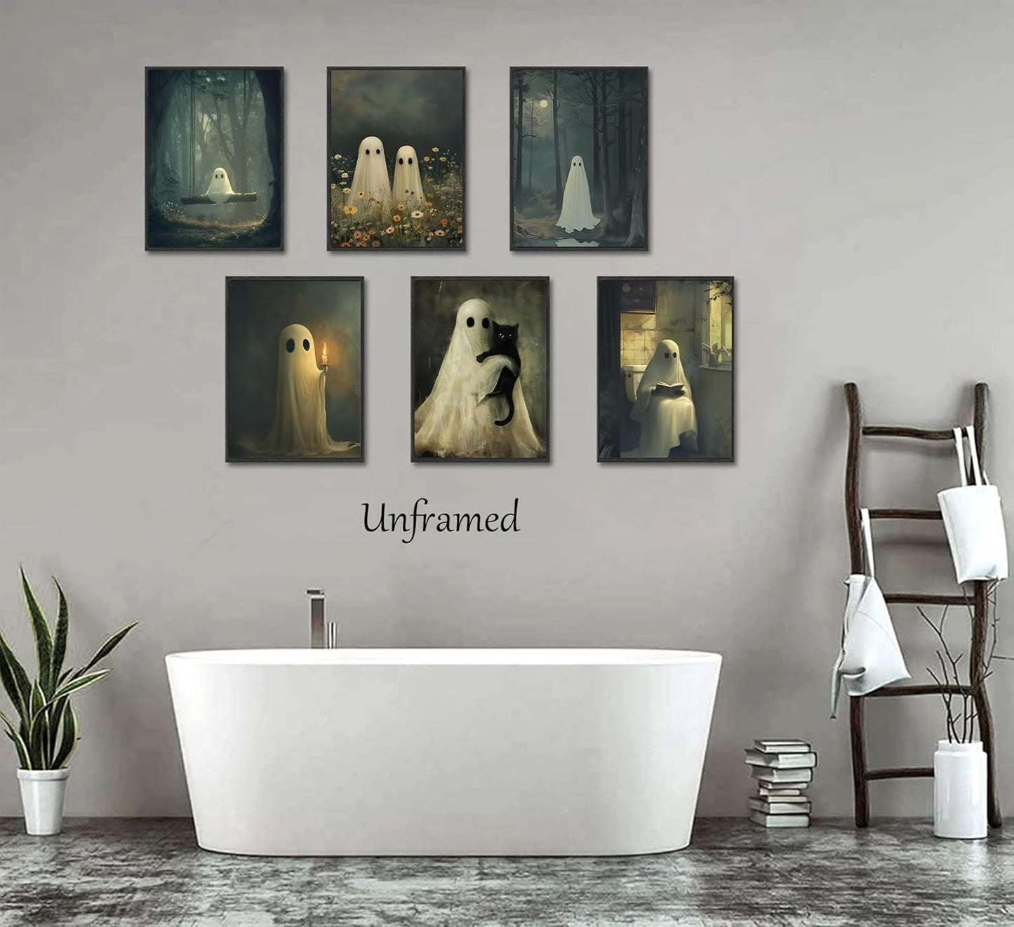 6Pcs Vintage Halloween Ghost Wall art Victorian Gothic Cute Candle Ghost Painting Picture Wall Decor Retro Horror Creepy Dark Academia Poster Print Artwork for Halloween Party Home Decoration