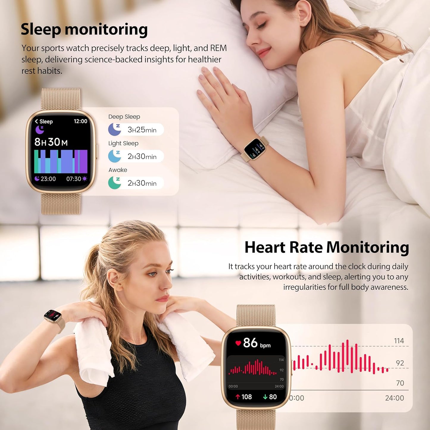 Smart Watch for Women with Alexa Built-in, 1.83" HD Touchscreen Fitness Tracker with Bluetooth Calls, Heart Rate/Sleep Monitor, 120+ Sports Fitness Watch, IP68 Waterproof Smartwatch for Android iOS
