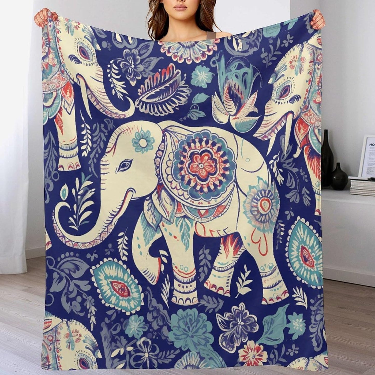 Boho Elephant Blanket Chunky Fluffy Fuzzy Bed Blankets Cozy Soft Warm Winter Blankets Anti-Pilling Flannel Throw Blanket for Couch Living Room Bedroom Multiple Size