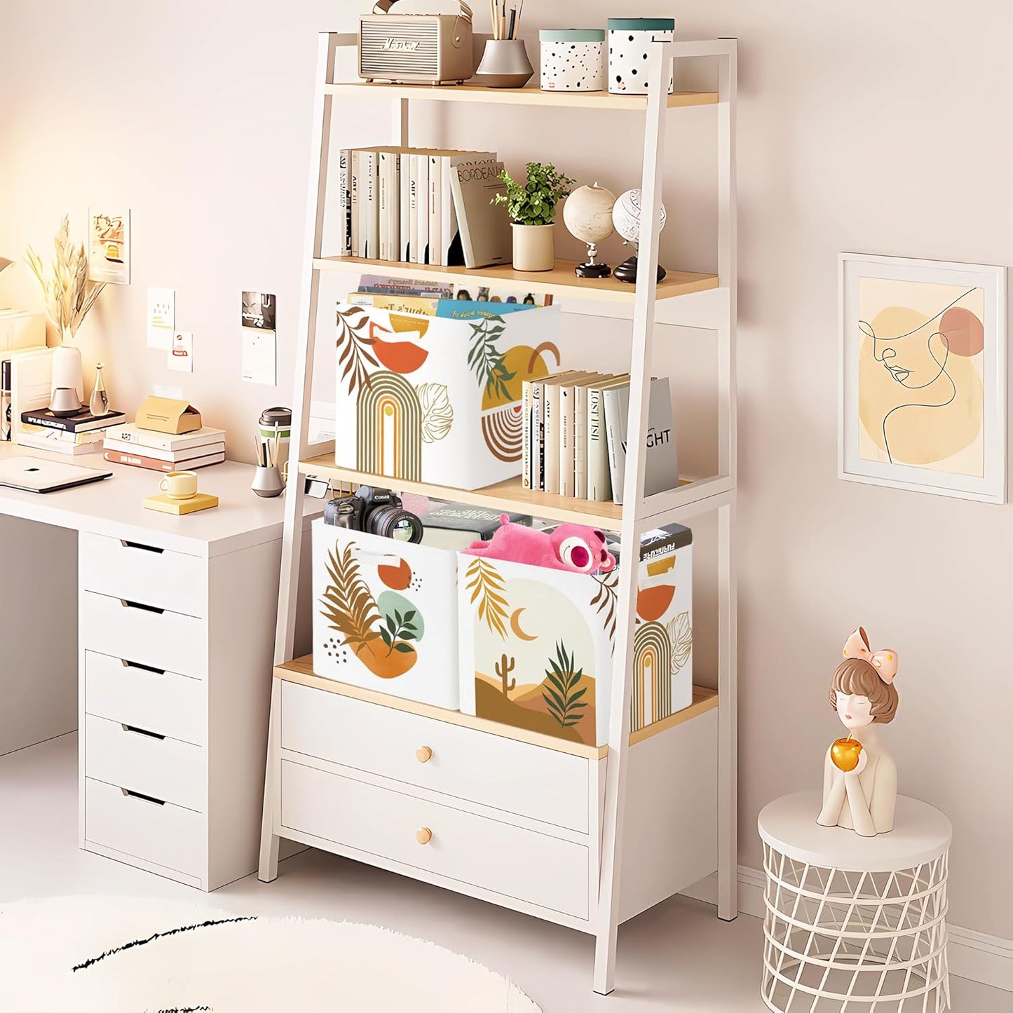 11.8" Boho Leaves Storage Cube Organizer Mid Century Modern Clothes Storage Basket Bin for Closet Shelf Art Abstract Geometry Nursery Kid Room Book Toy Chest, 3Pcs