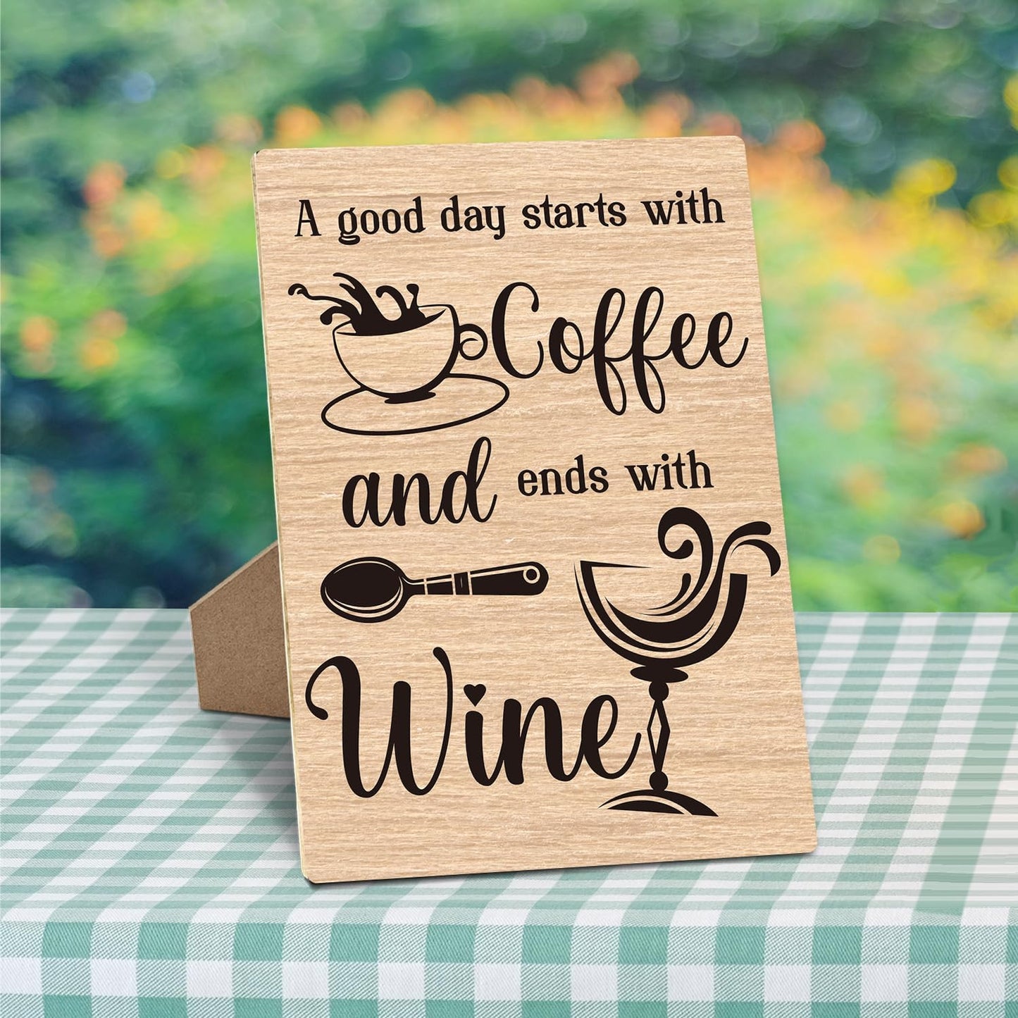 A Good Day Starts with Coffee and Ends with Wine Tin Sign，Wooden Sign with Stand 8 x 11 Inches, Beer Sign for Vintage Cafe, Kitchen, Restaurant, Bar, Home Bar, Man Cave -13