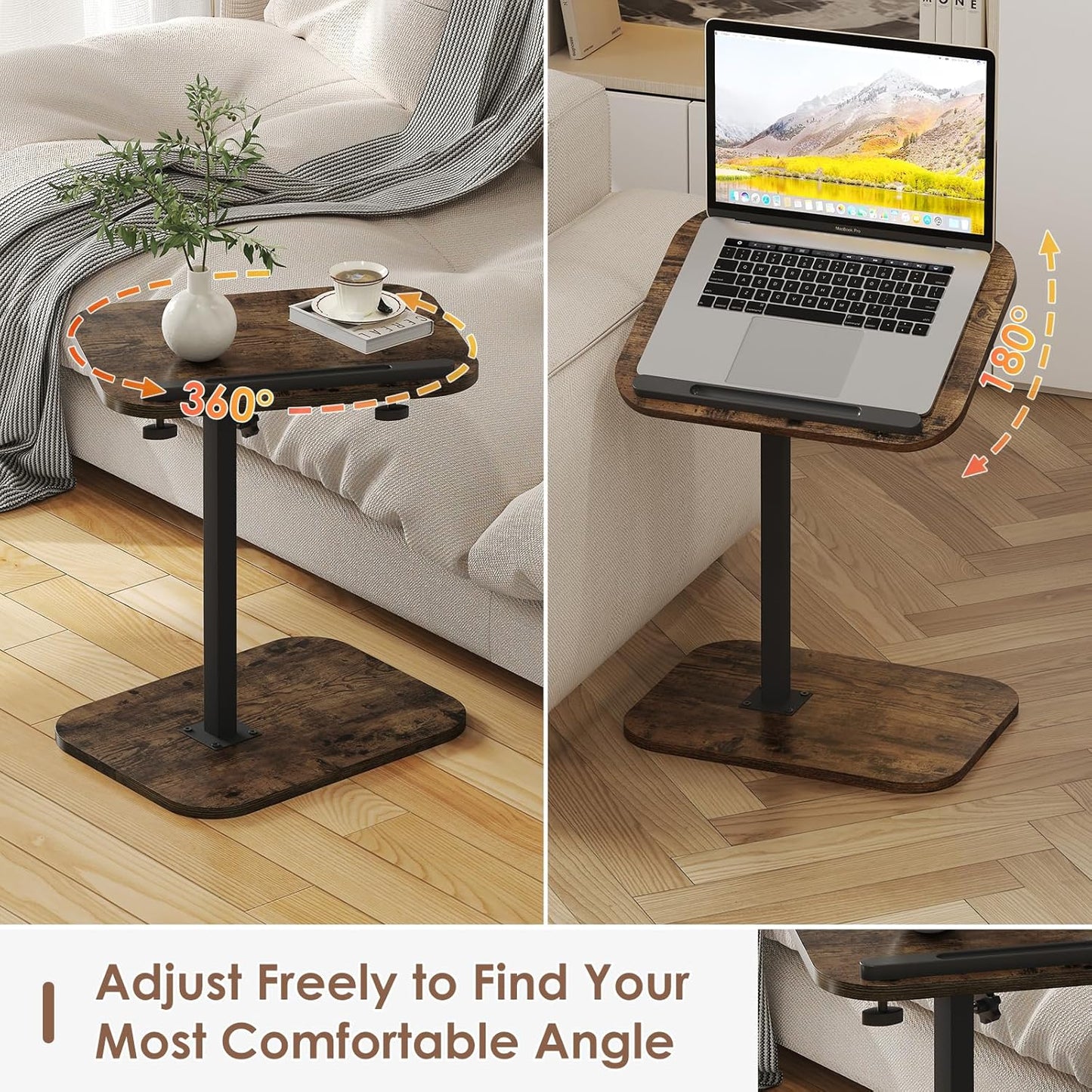 Side Table Sofa Tv Tray Height Adjustable C Shaped End Table 360° Swivel Overbed Living Room Couch Table, Rustic Brown