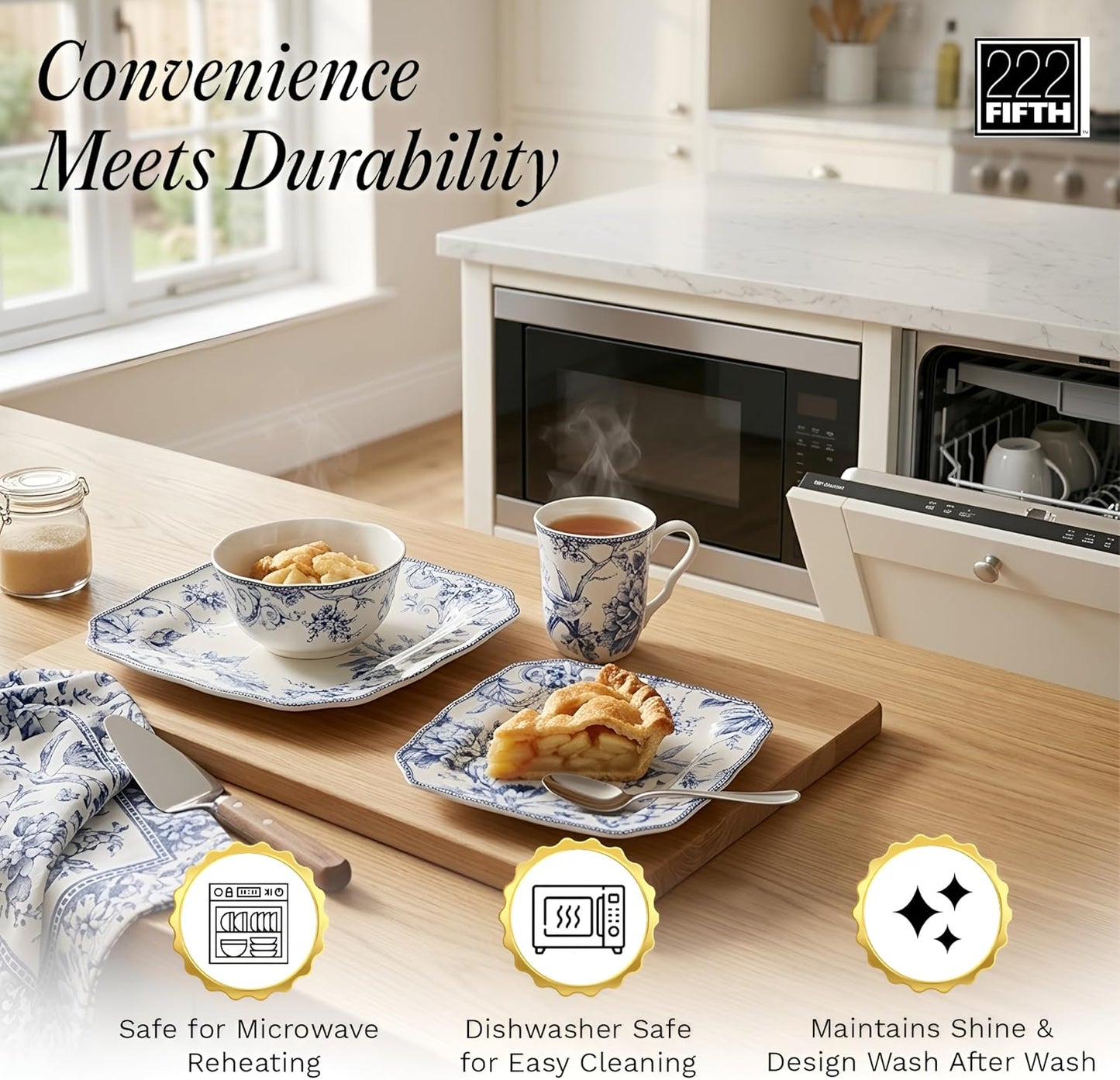 222 Fifth Adelaide 16-Piece Floral Porcelain Dinnerware Set | Microwave and Dishwasher Safe Dining Set for 4 | Stackable and Chip-Resistant Plates Bowls and Cups | Gift for Housewarming and Wedding