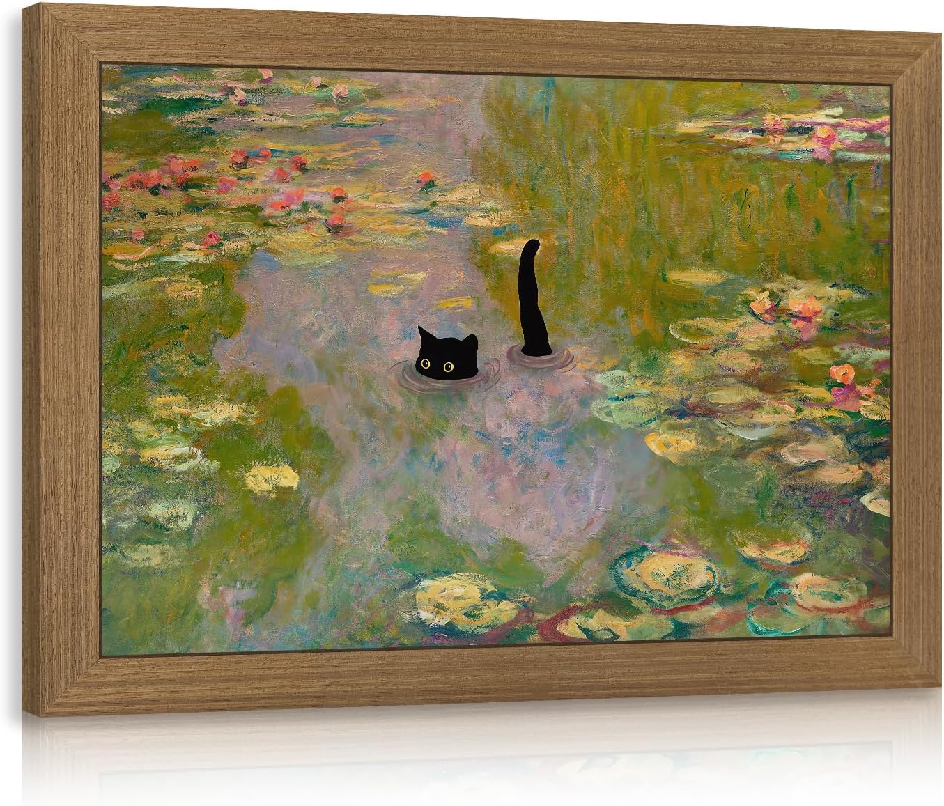 PORENY Funny Cat Monet Wall Art, Whimsical Black Cat Water Lilies Pond Poster Print, Vintage Impressionist Bathroom Decor, Cute Animal Humor Artwork for Kids Room Restroom Wood Framed 8x10 Inch