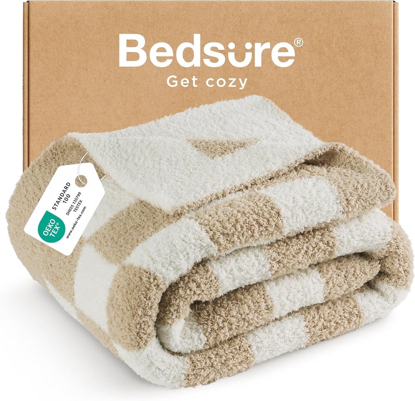 Bedsure GentleSoft Cozy Soft Throw Blanket for Couch, Beige Checkered Fluffy Blanket, Lightweight Warm Knit All Season Throw Blankets for Bed Sofa, Birthday, for Women, 50x60 Inches