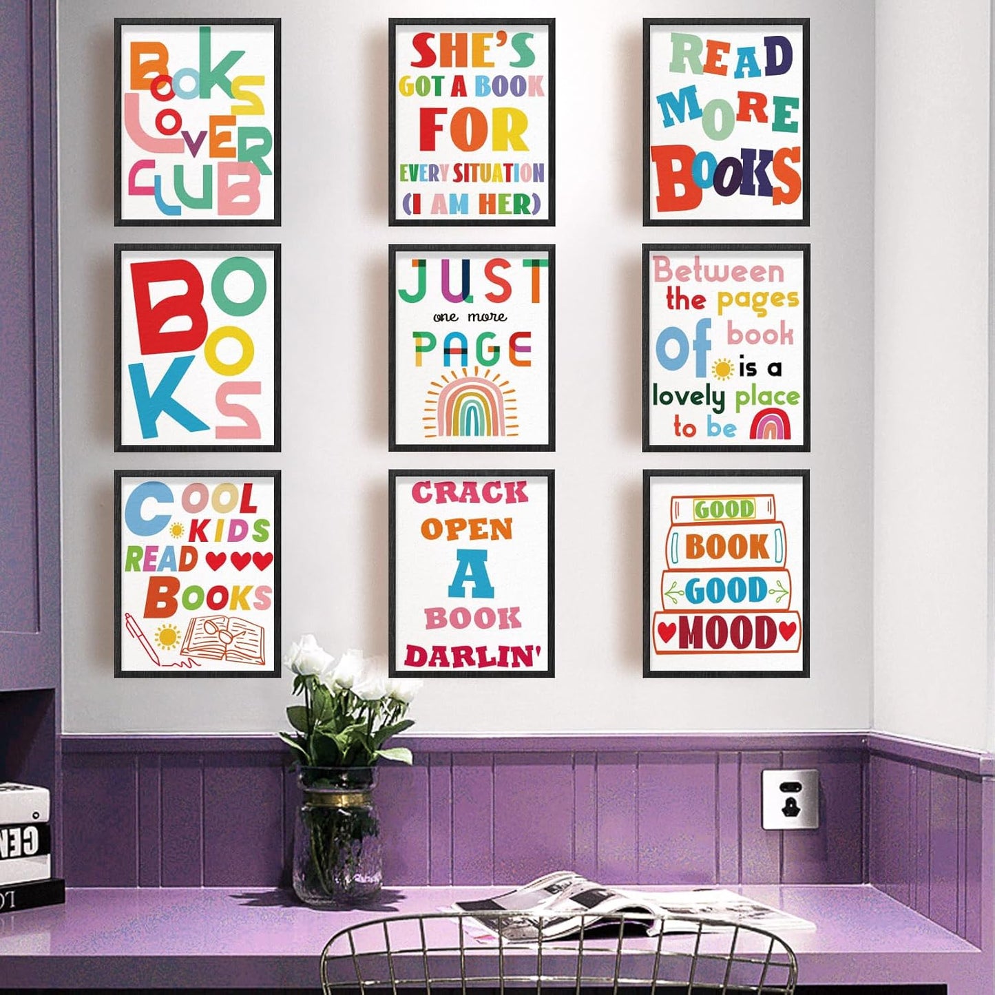 INFUNLY 9 Set Reading Quotes Wall Art Print 8x10Inch Motivational Words Poster Pictures Artistic Alphabet Canvas Wall Art Unframed Book Quotes Prints Sticker for Study Room Classroom Library Decor