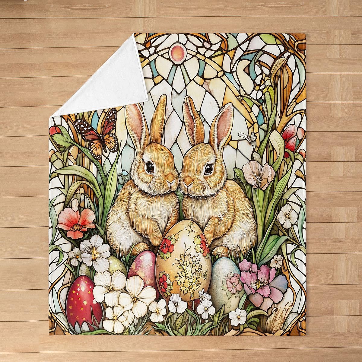 Manfei Cute Rabbits Flannel Blanket Colorful Eggs Flower Butterfly Throw Blanket Easter Theme Cozy Throws for Bed Couch Sofa,Kids Boys Girls Room Decor,Soft and Breathable(50 x 60 Inches)