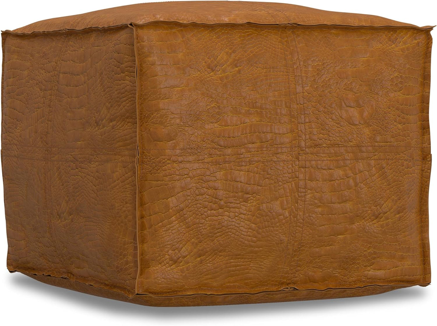 SIMPLIHOME Brody Square Pouf - 18 inch Wide Upholstered Genuine Leather Ottoman in Tan, Boho Footstool, Coffee Table or Extra Seating for Living Room or Bedroom, Assembled