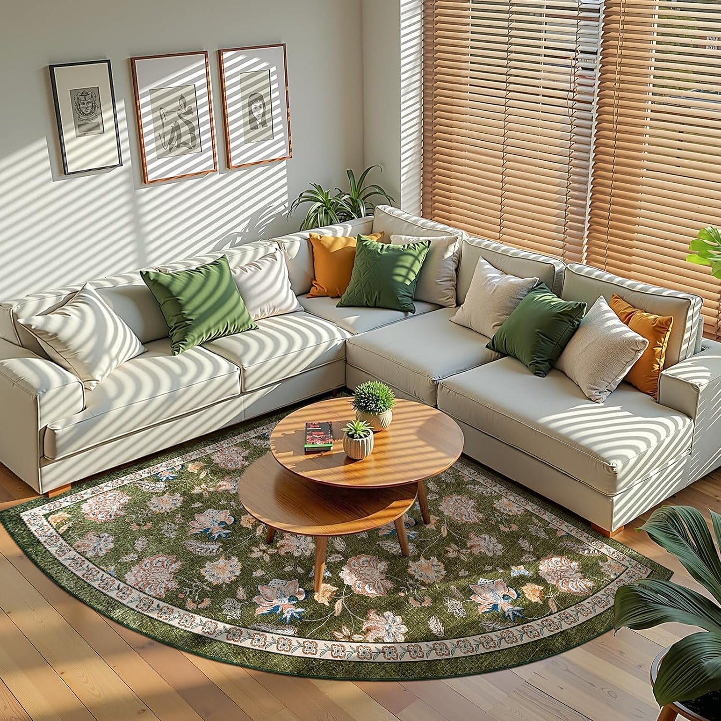 jinchan Elora Floral Corner Rug for Living Room Washable Bedroom Rug Vintage Romance Design Non Slip Quarter Circle Lightweight Low-Pile Throw Carpet for Reading Nook Playroom,6ft Radius, Green