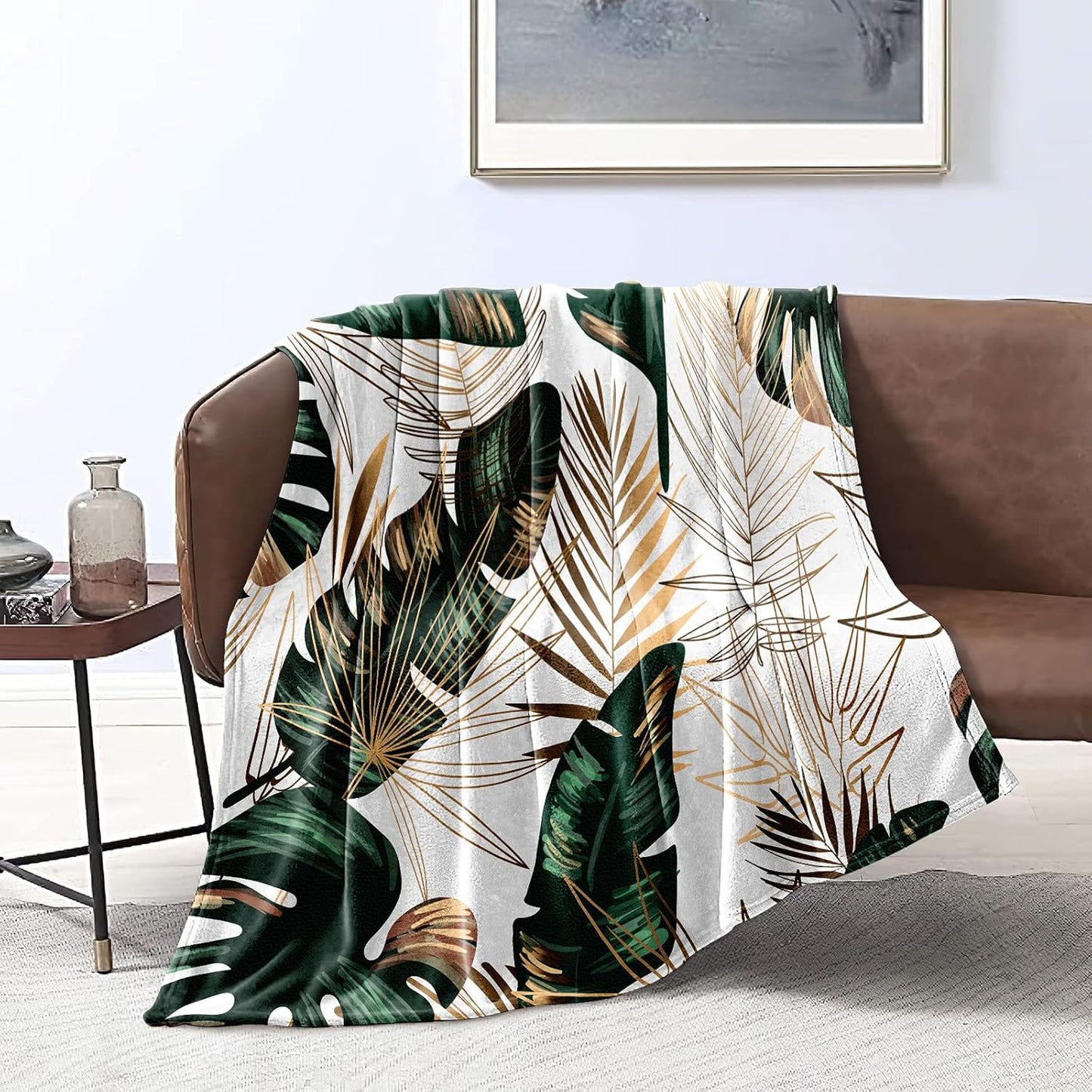 Bedbay Palm Tree Throw Blanket Tropical Bedding Green Gold Palm Leaf Pattern Soft Lightweight Plush Fuzzy Throw Blanket for Couch Flannel Blanket Twin Size for Girls Boys (Leaf, Twin(60"x80"))