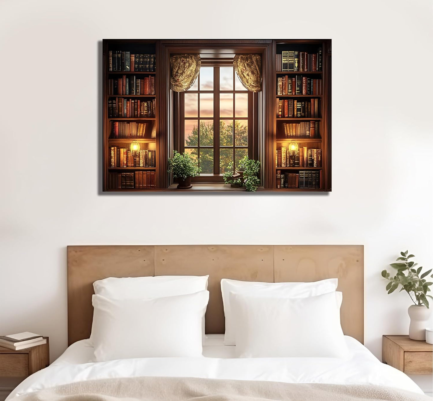 WOOHOOROO Curtain Bookshelf Window Wall Sticker – 3D Sunset View Fake Window Peel and Stick Removable Wall Mural for Home Decor,32" x 48"