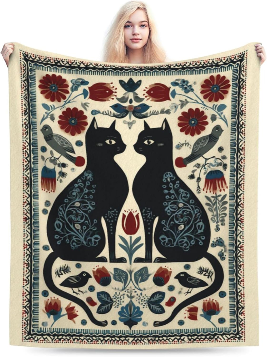Black Cat Blanket, Folk Art Scandinavian Floral Throw Blanket, Vintage Boho Flower & Bird Decor, Super Soft Flannel Fleece Blanket for Bed Couch, Gift for Cat Lovers 60"x50"