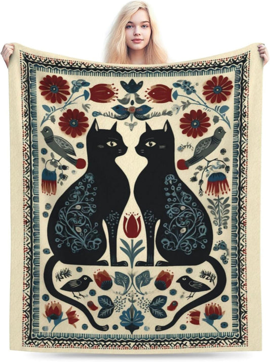 Black Cat Blanket, Folk Art Scandinavian Floral Throw Blanket, Vintage Boho Flower & Bird Decor, Super Soft Flannel Fleece Blanket for Bed Couch, Gift for Cat Lovers 60"x50"