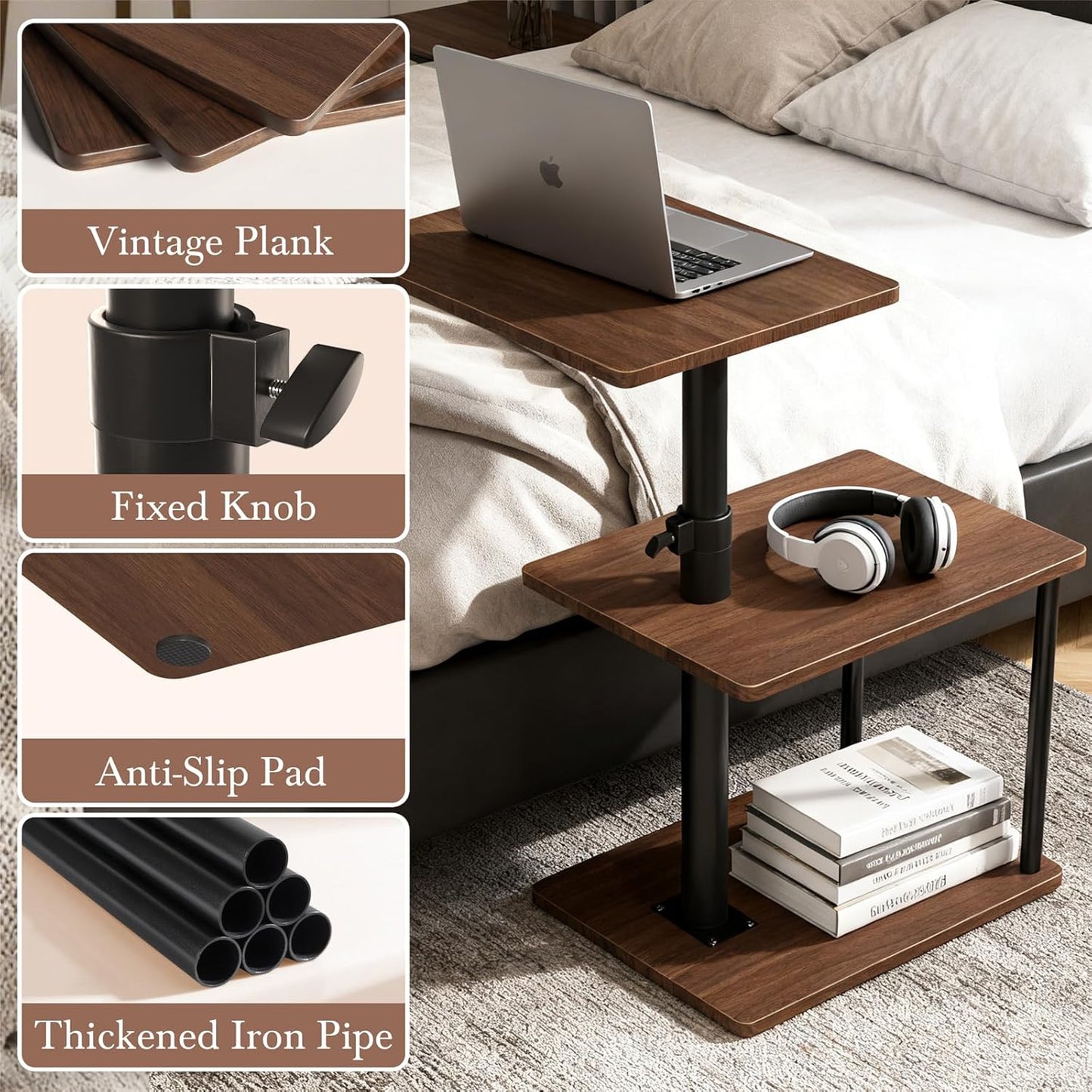 Swivel Side Table for Couch Arm, Height Adjustable C Shaped End Table for Recliner or Bed, Tv Trays with Storage Shelf for Small Spaces- Small Nightstand for Living Room, Bedroom