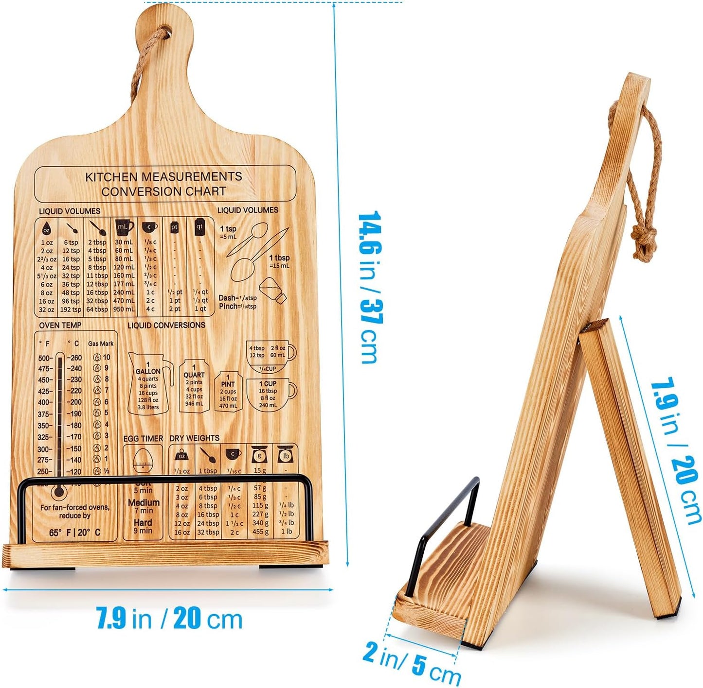 Housejoy Wooden Cookbook Stand with 2 Aprons, Hieght Adjustable Bookholder for Kitchen Counter, Cookbook Holder Stand Wood Sturdy with Measurement Conversion Chart, Foldable Easel for Kitchen