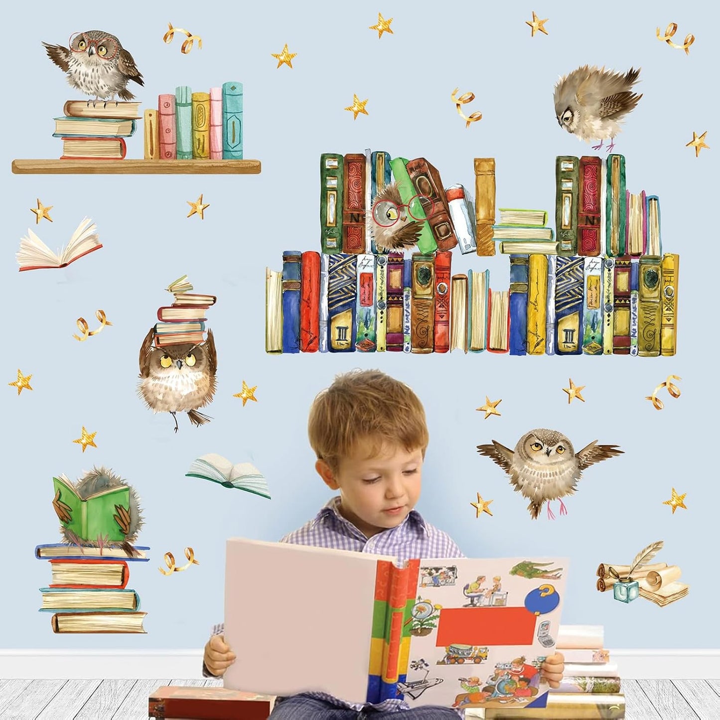 Reading Corner Wall Stickers,Owl Books Wall Stickers,Educational Window Clings,Library Reading Stickers,Cartoon Animal Wall Decal for Kids Baby Room School Bookstore Classroom Nursery Bedroom