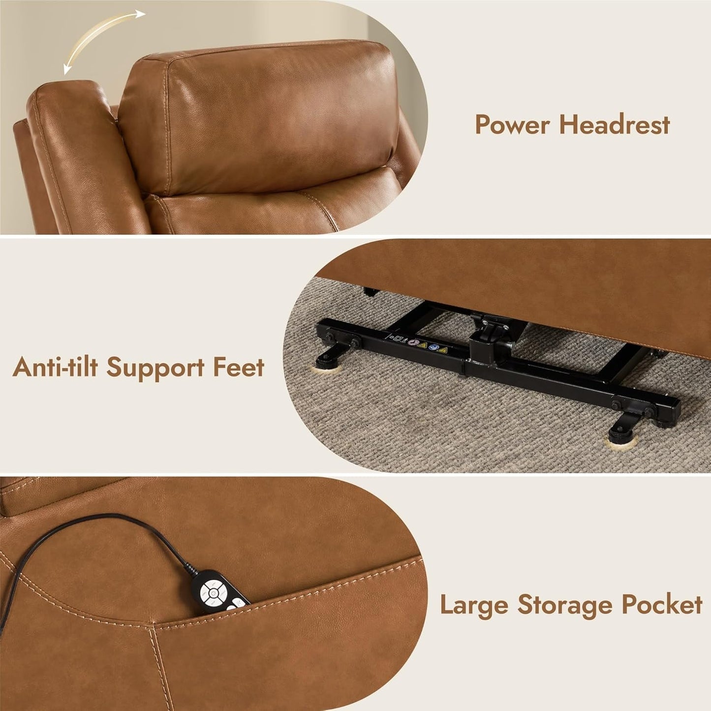 Genuine Leather Power Lift Recliner Chair with Heat and Massage Electric Lay Flat Chairs Headrest Visual Remote Control for Living Room Bedroom