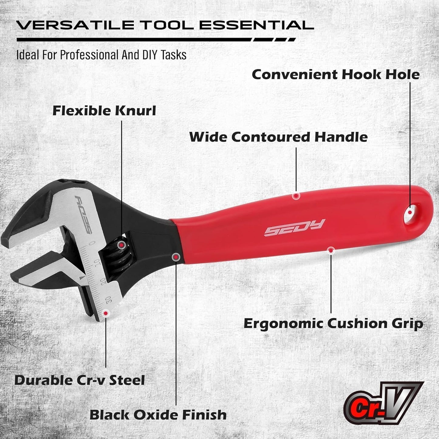 SEDY Adjustable Wrench Set Pipe Spanner: 6" 8" 10" Wide Jaw Black Oxide Wrench With Cushion Grip, Laser Marked Metric & SAE Scales, CR-V Steel for Professional