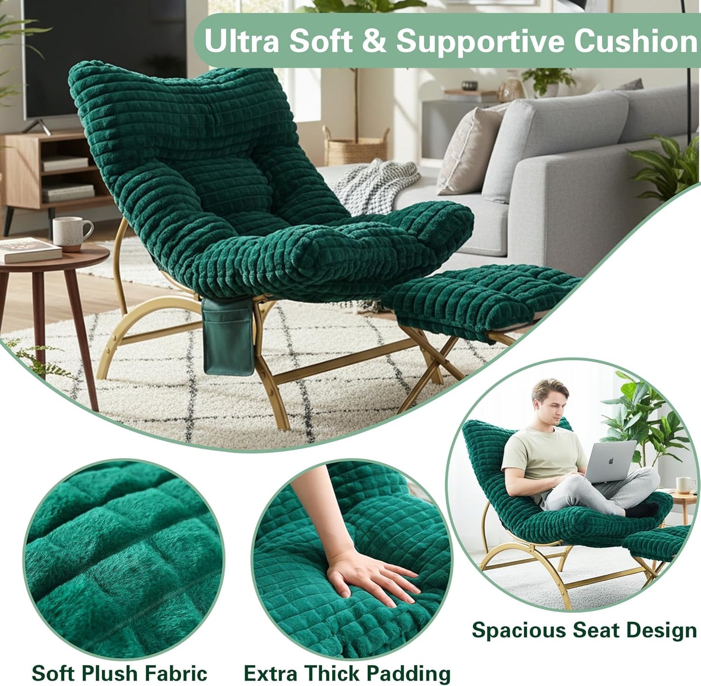 Welnow Dark Green Lazy Chair with Ottoman, Oversized Reading Chair for Adults, Soft Padded Lounge Accent Chair for Living Room, Bedroom, Comfortable Reclining Leisure Chair with Side Pocket
