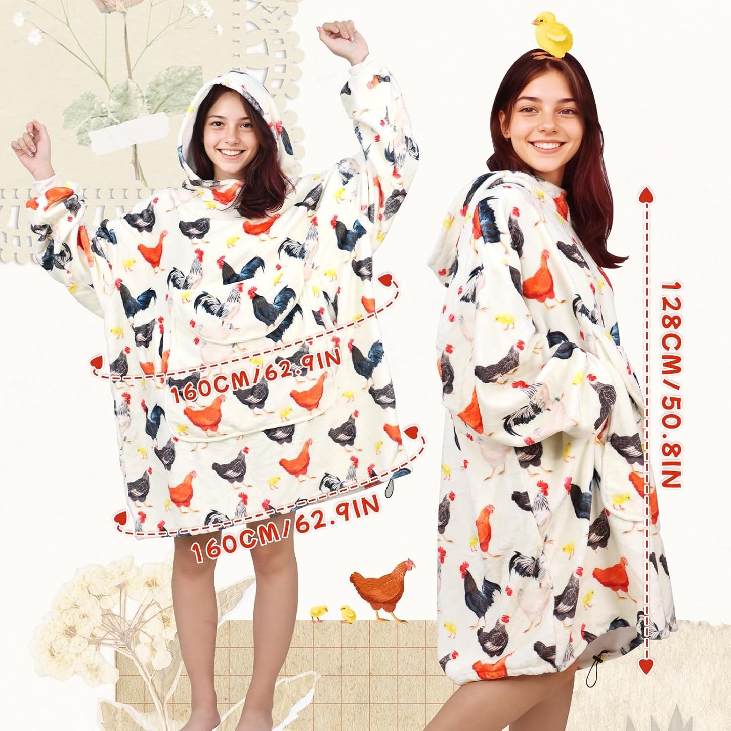 Chicken Wearable Blanket Hoodie for Women - Funny Hooded Blanket with Oversized Pocket - Chicken Decor Gifts for Women Cozy Cute Sweatshirt Blanket with Sleeves Rooster Birthday Gifts for Mom