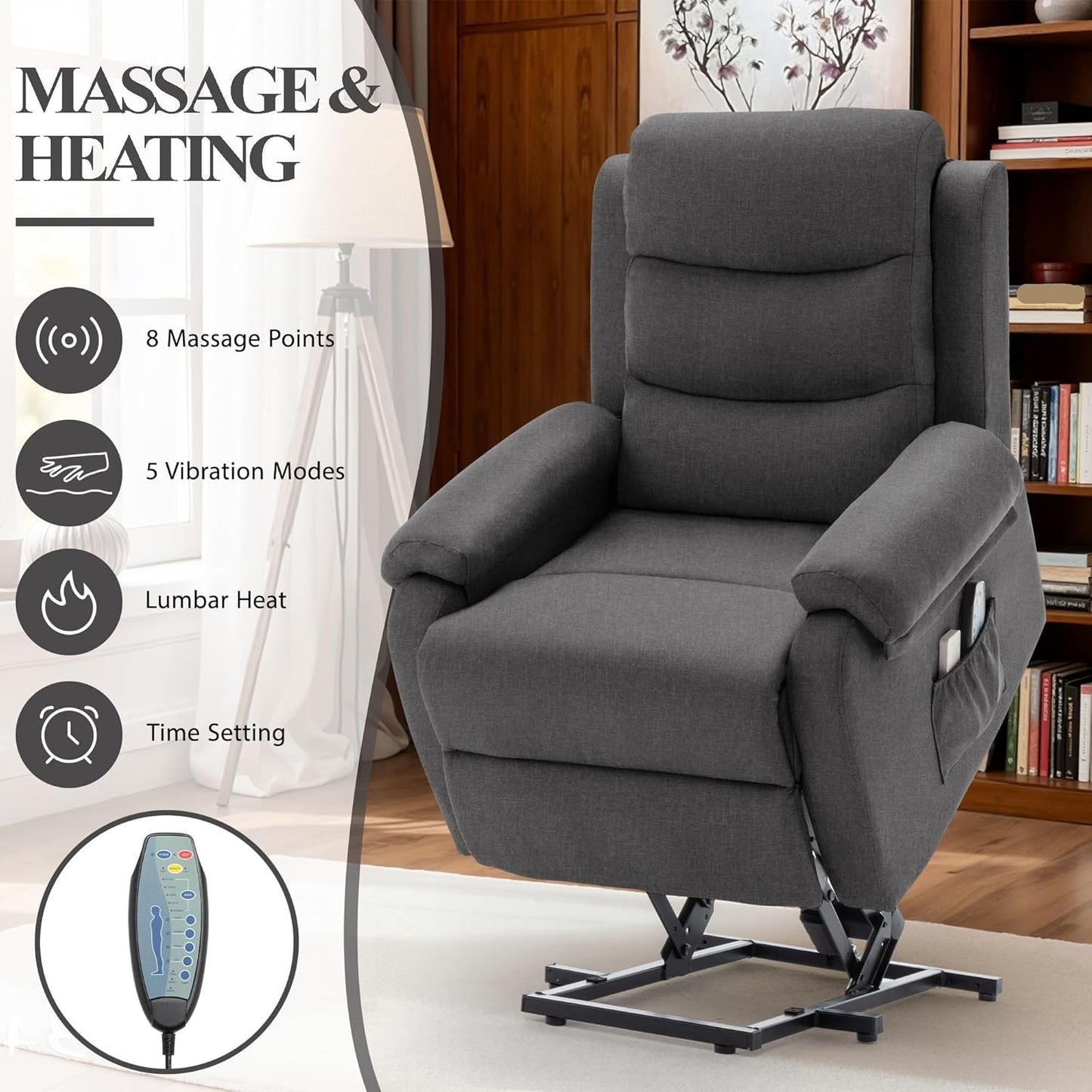 Dark Grey Electric Power Lift Recliner Chair for Elderly Adults, Small Recliner for Living Room & Reading Room, Heated Massage, Adjustable Positions, Comfortable Fabric, Compact Power Lift Chair