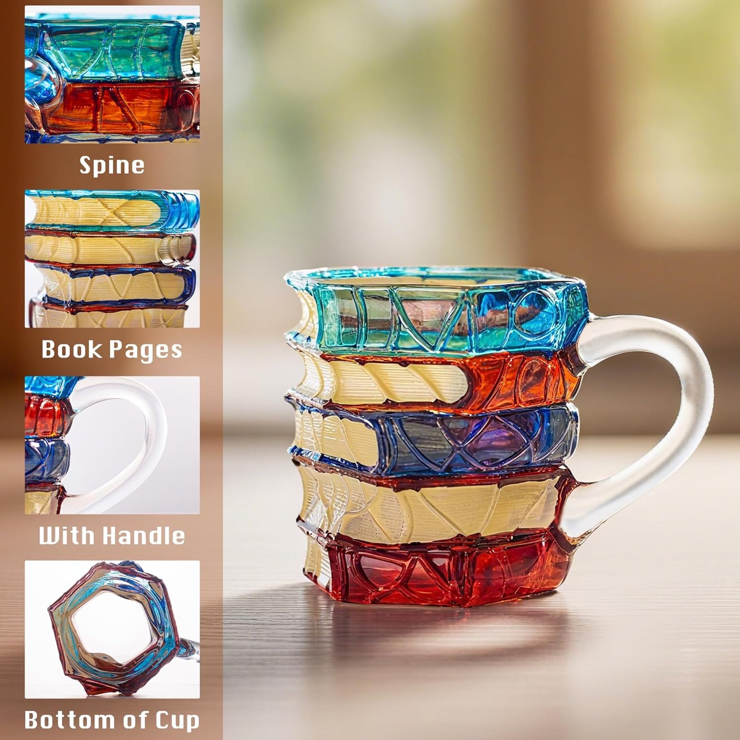 Chapter Book Mug Glass 3D Book Mugs for Gift, Painted Book Coffee Cup with Stack Design 7oz Artistic Reading Coffee Cup with Handle for Readers, Bookworm, Ideal Gift for Christmas, Birthday