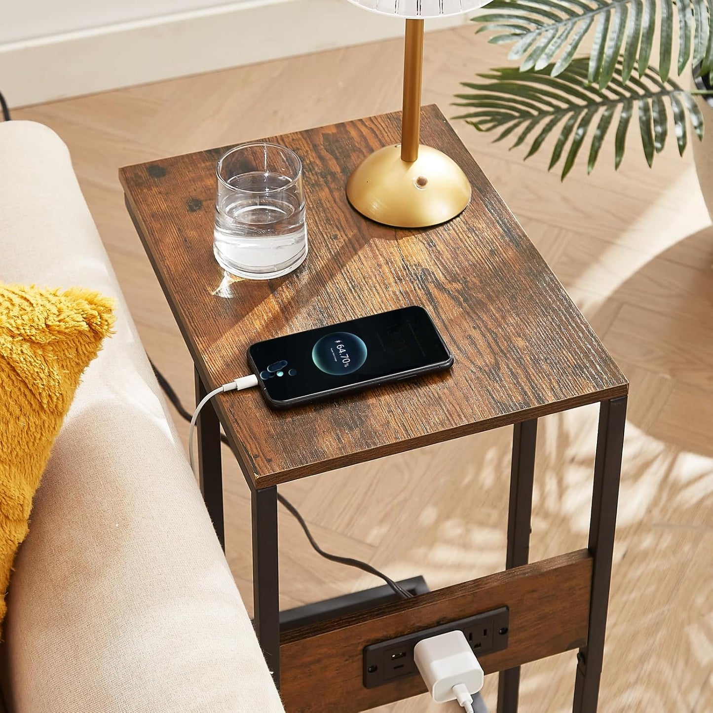 BUDOME C Shaped Side Table with Charging Station, End Table with Outlets, Sofa Table with USB C Ports, C Table with Premium Surface and Metal Frame for Living Room