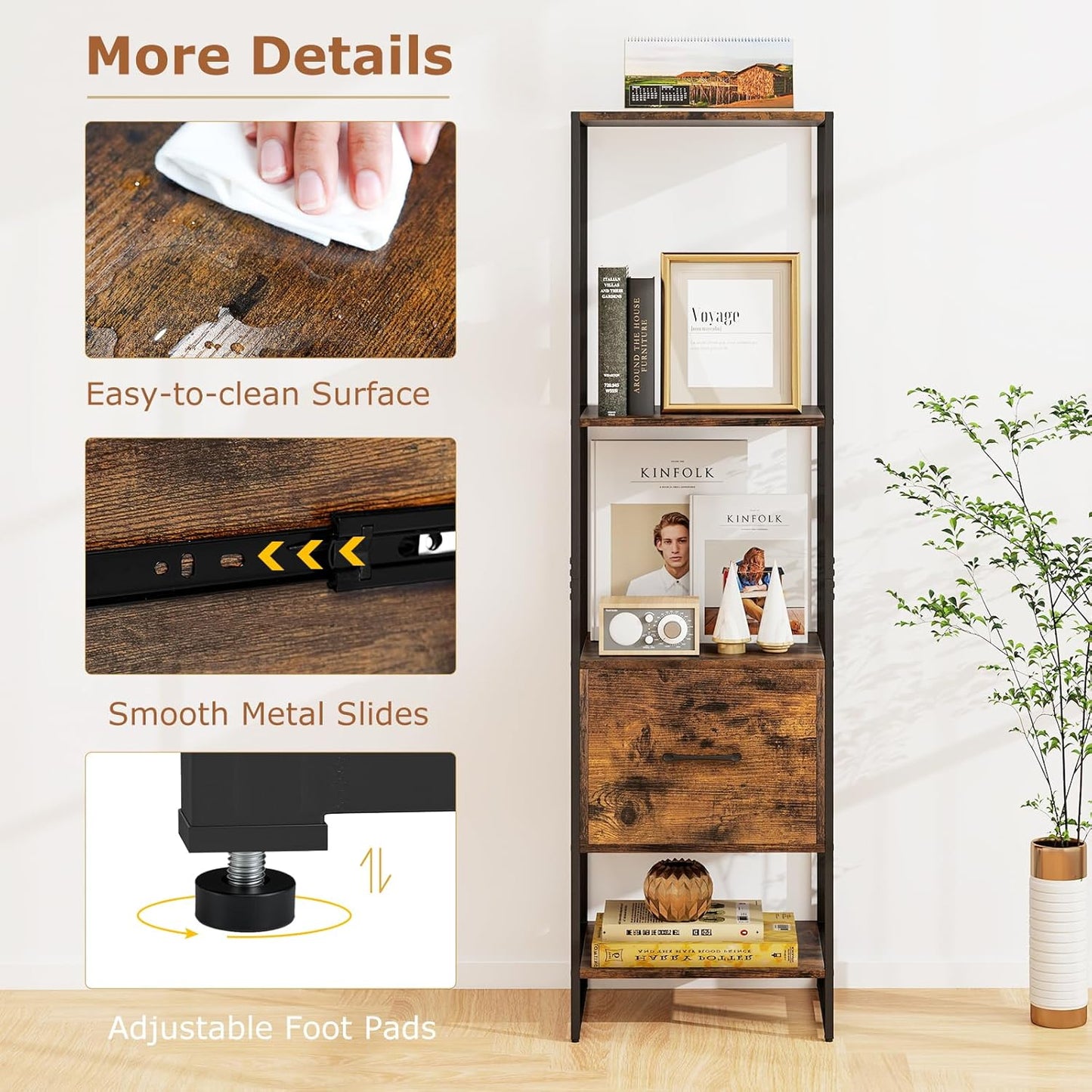Tangkula 4-Tier Bookshelf with Drawer, 62.5” Tall Narrow Bookcase with Metal Frame & Anti-tip Kits, 4 Open Shelves & Pull-Out Drawer, Modern Slim Display Storage Rack for Living Room Study (1, Brown)