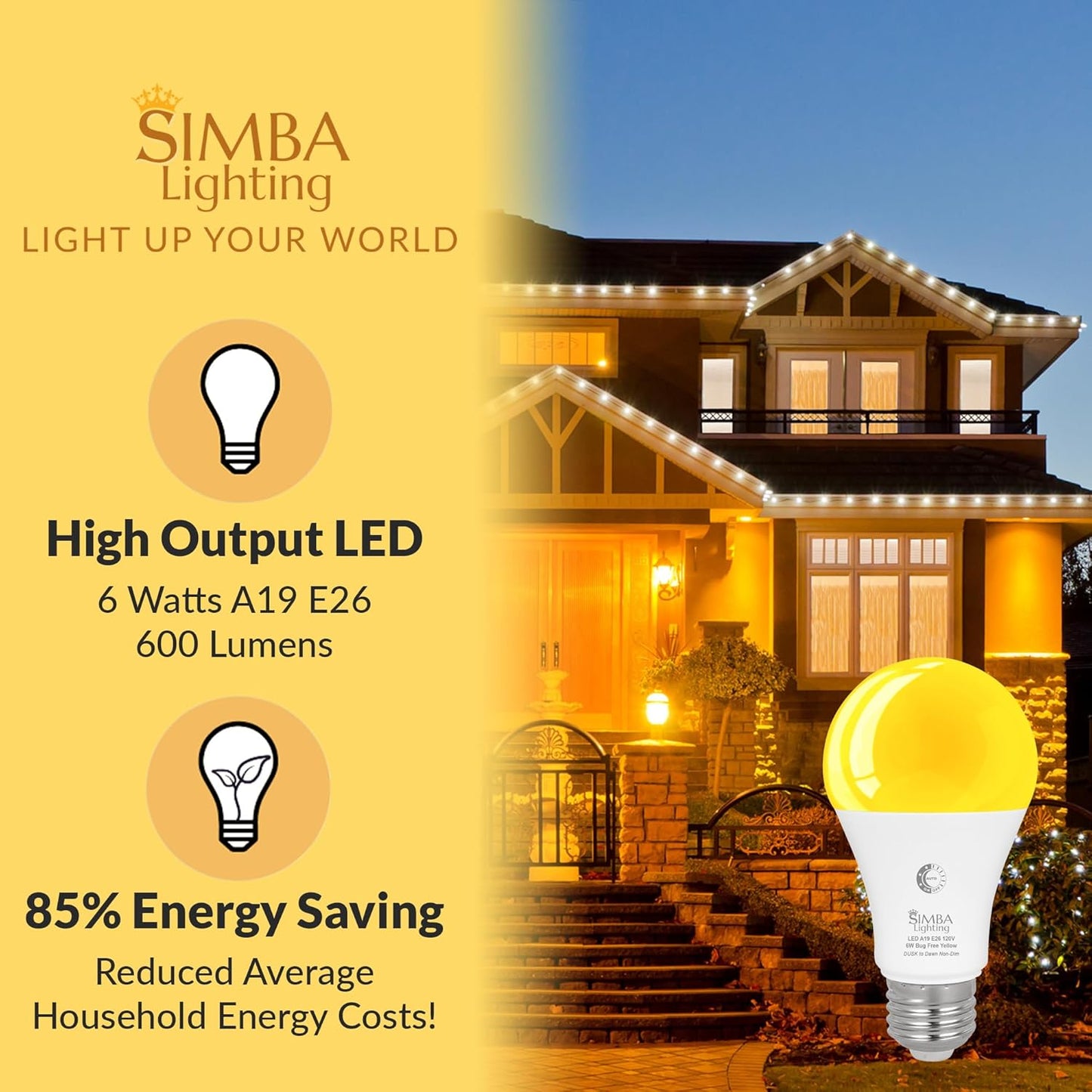 Simba Lighting Bug Non-Attracting Yellow LED Bulb 6W 40W Equivalent (4 Pack), Great for Outdoor Porch Light, Night Light, Dusk-to-Dawn Smart Sensor Auto On/Off, Amber Warm Light, A19 E26 Medium Base