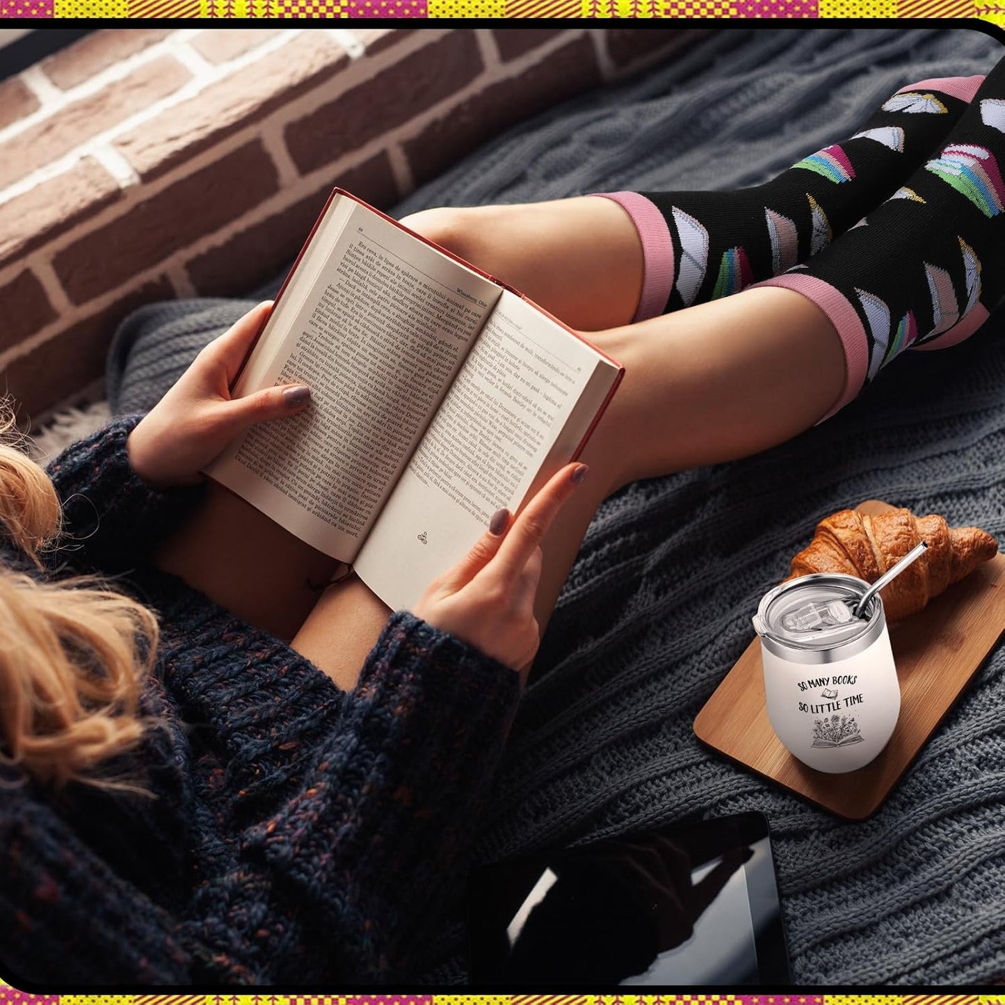 3 Pcs Book Lovers Gifts for Women Include 60'' x 50'' Flower Reading Blanket Insulated Simple Wildflowers Tumbler Socks for Library Club Librarian Cat Owner Readers