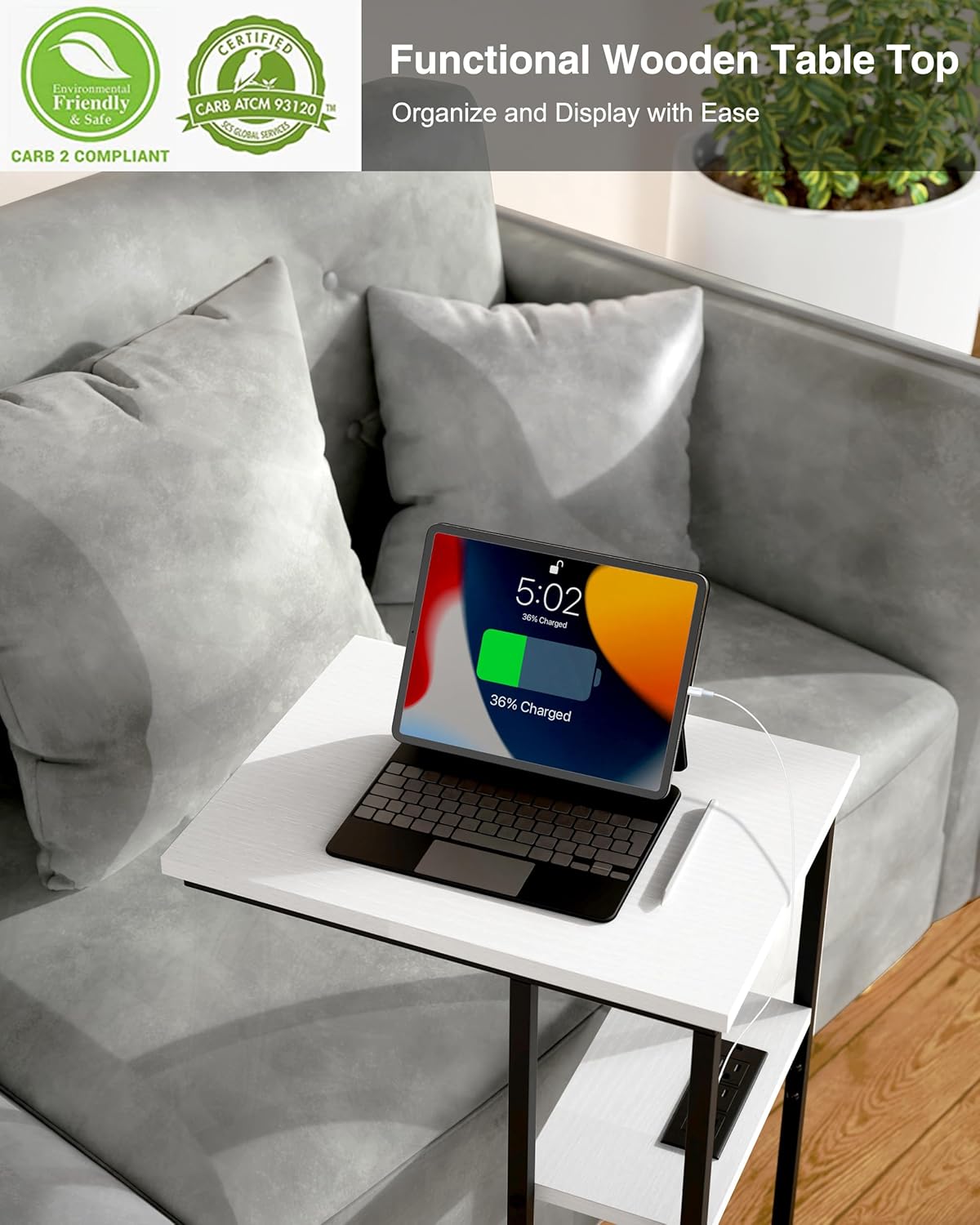 Innerjoin Side Table with Charging Station Set of 2, C Shaped End Table with LED Light Strip, Fast Charge USB A&C Ports, Small Sofa Snack Laptop Side Table for Living Room Bedroom, White