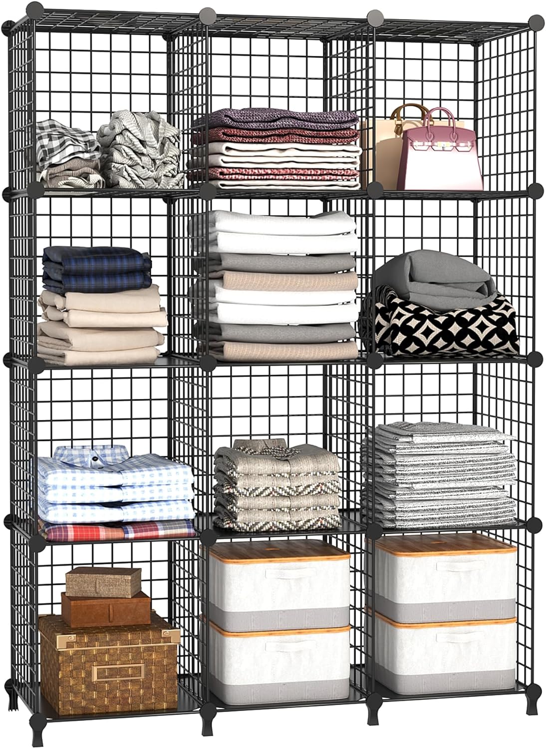 AWTATOS Wire Cube Storage Organizer, Closet Organizers and Storage, Metal 12 Cube Storage Shelves Bookshelf, Portable Closet Clothes Organizer for Bedroom, Home, Office, Black