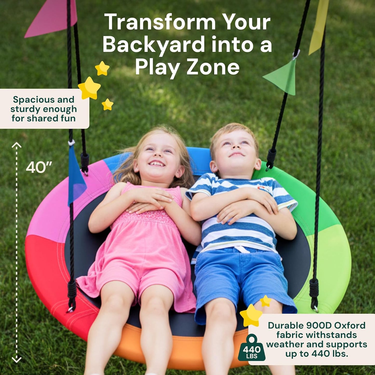 PLAYVIBE 40" Saucer Swing for Kids Outdoor - Gifts for Indoor Playroom & Birthday - Tree Swing Set for Backyard, 440 lb Capacity - Multicolor 600D Oxford Fabric & Adjustable Ropes, Straps & Carabiners