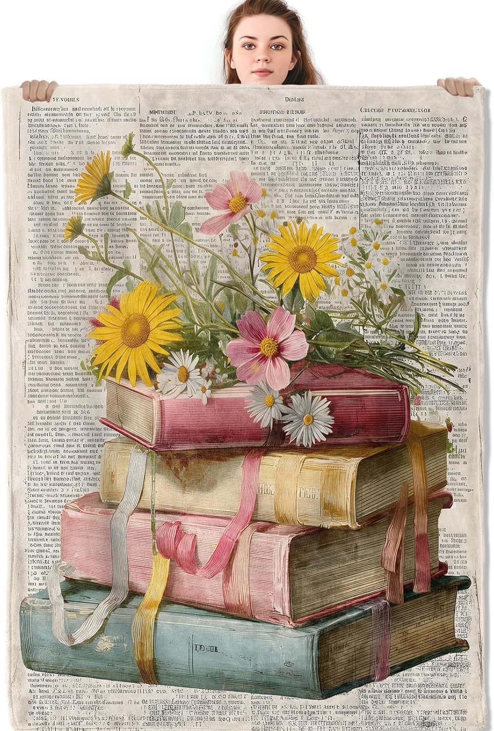 Vintage Book Flower Blanket, Botanical Reading Flannel Throw Blankets, 50"x60", Soft Warm Lightweight Fuzzy Cozy Throws for Couch Bed Sofa Decorative Gifts for Book Lover Women, Beige