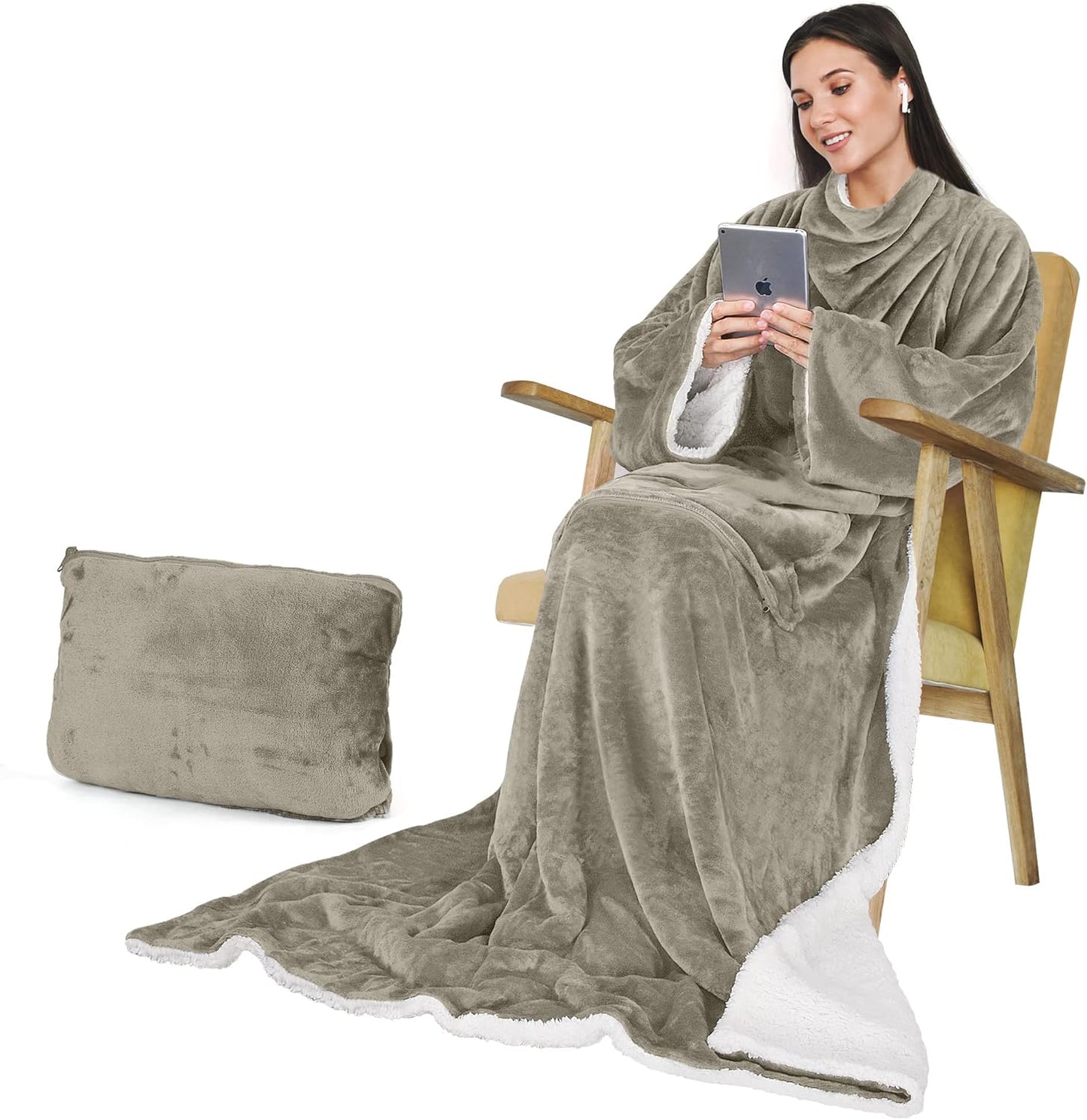Catalonia Classic Sherpa Fleece Blanket with Sleeves, Super Soft Warm Cozy Wearable Blanket, Portable Travel Blanket Pillow, Gift for Women Men Adult, Camel