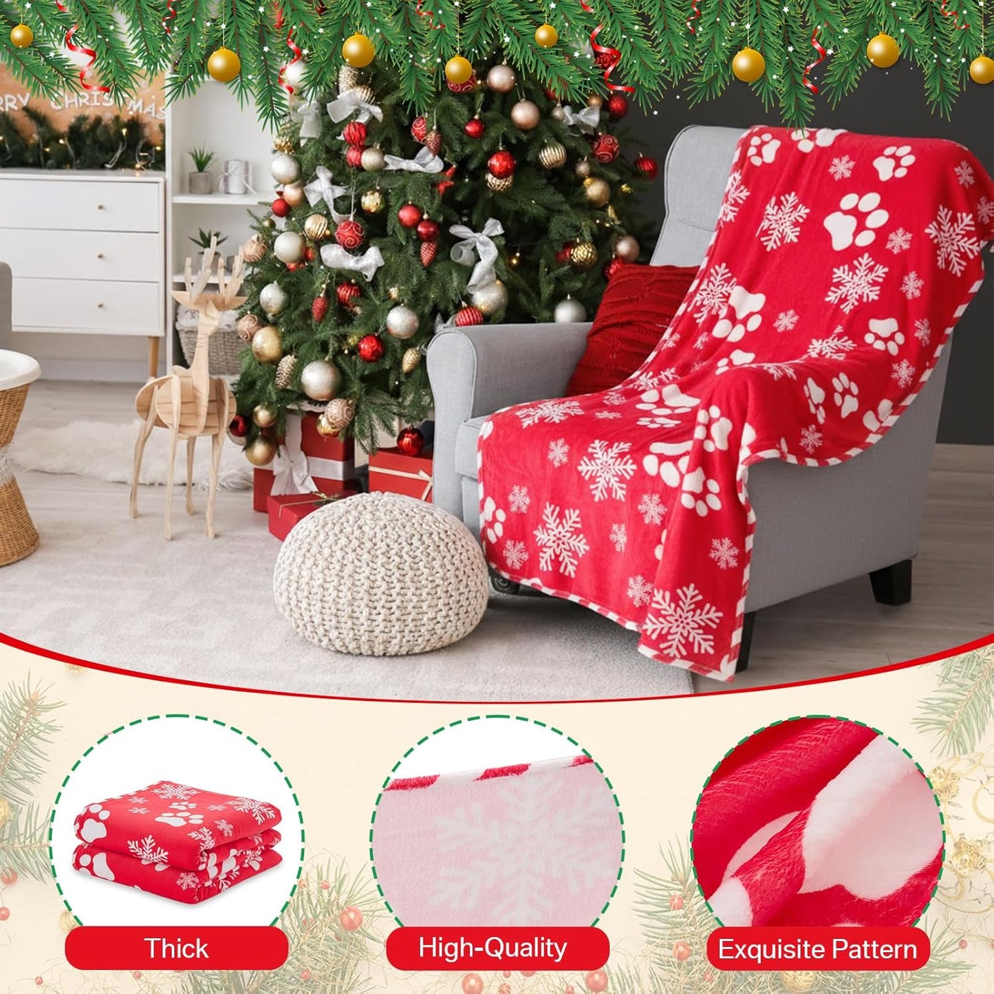 Christmas Flannel Blanket 50 x 60 Inch Cat Dog Paw Pattern Throws Blanket Soft Lightweight Cozy Gift Holiday for Bed Couch Sofa