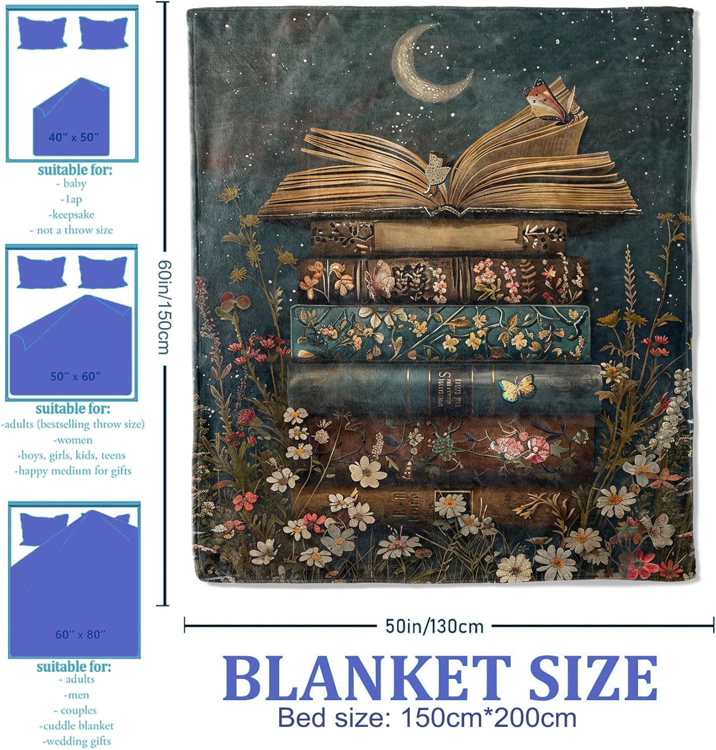 Floral Book Stack Throw Blanket for Women Girls Boys, Soft Flannel Blankets Gifts for Living Room Couch, Home, Sofa Decor, 50"x60"