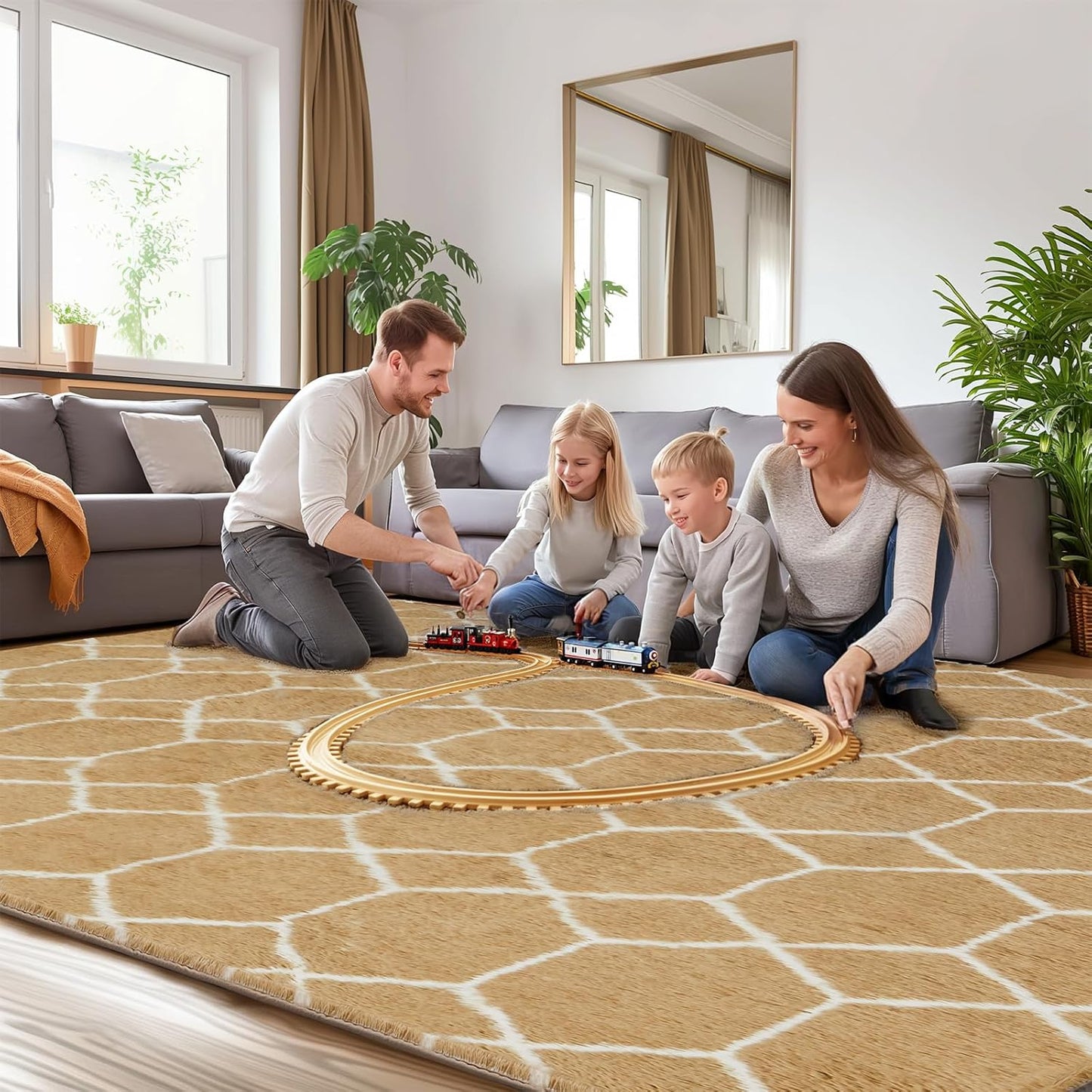Super Soft Shaggy Area Rug, 6X9 Soft Plush Fluffy Rug for Bedroom Living Room, Modern Moroccan Geometric Carpet for Home Decor Aesthetic, Anti-Skid Carpet for Kids Room, Nursery, Beige and White
