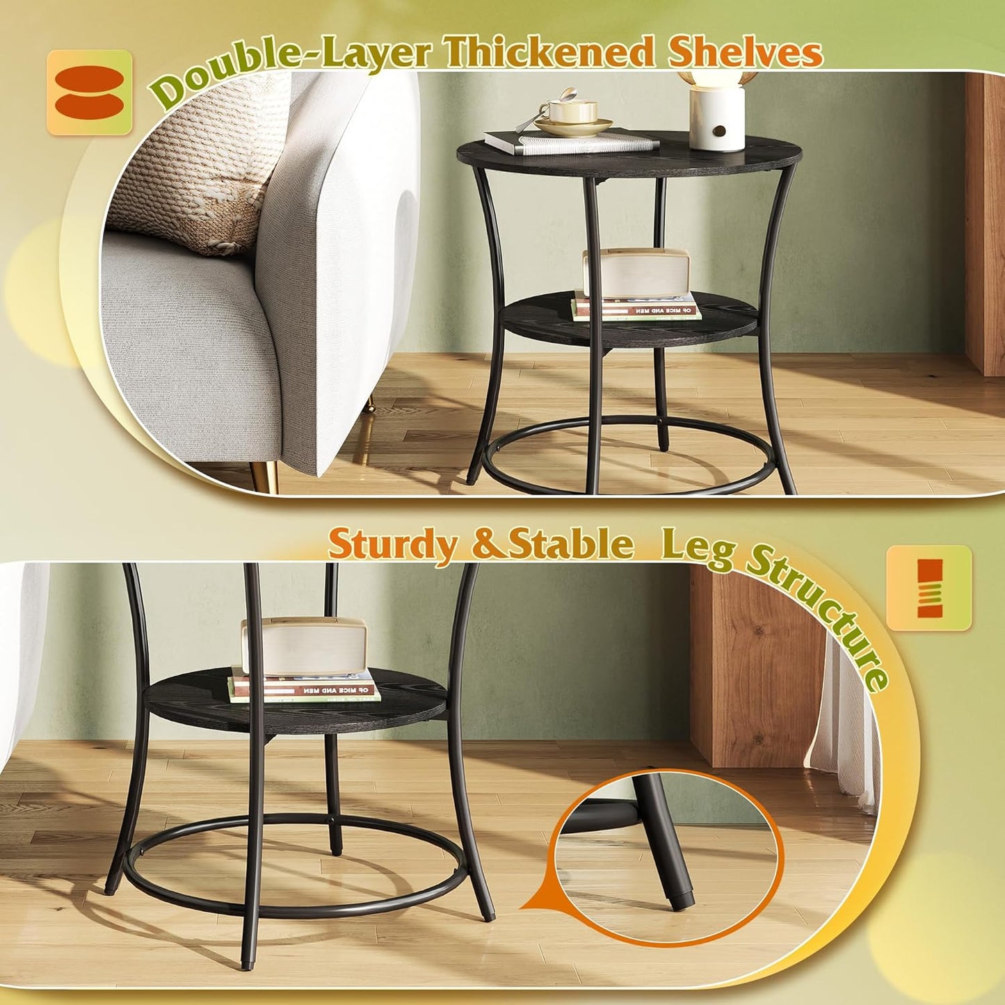WLIVE Side Table, Round End Table with 2 Storage Shelves for Living Room, Bedroom, Nightstand with Steel Frame for Small Spaces, Accent Coffee Table, Black