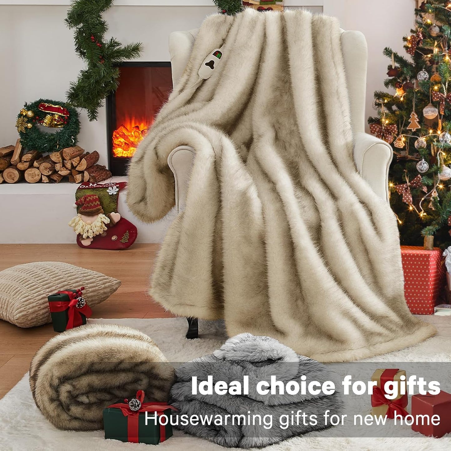 Heated Electric Blanket Throw,Octrot 50"X60" Faux Fur Heating Blanket Luxury Christmas Gifts Heavy Plush with 10 Heats Levels & 8 Hours Auto Off,Super Cozy Warm Fuzzy,Fluffy Decor Winter Warming,Beige