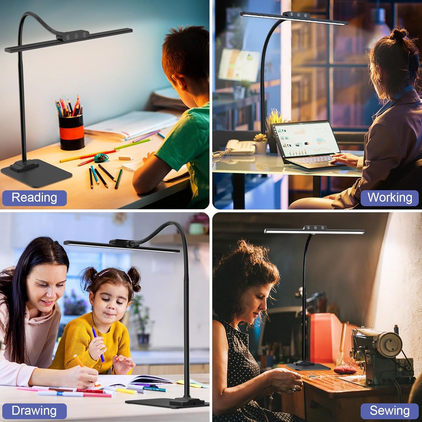 KableRika LED Desk Lamp with Base: Bright Desk Lights for Home Office - Eye Care Reading Table Lamps - Dimmable Desktop Lighting for Computer Monitor Study Drafting Black