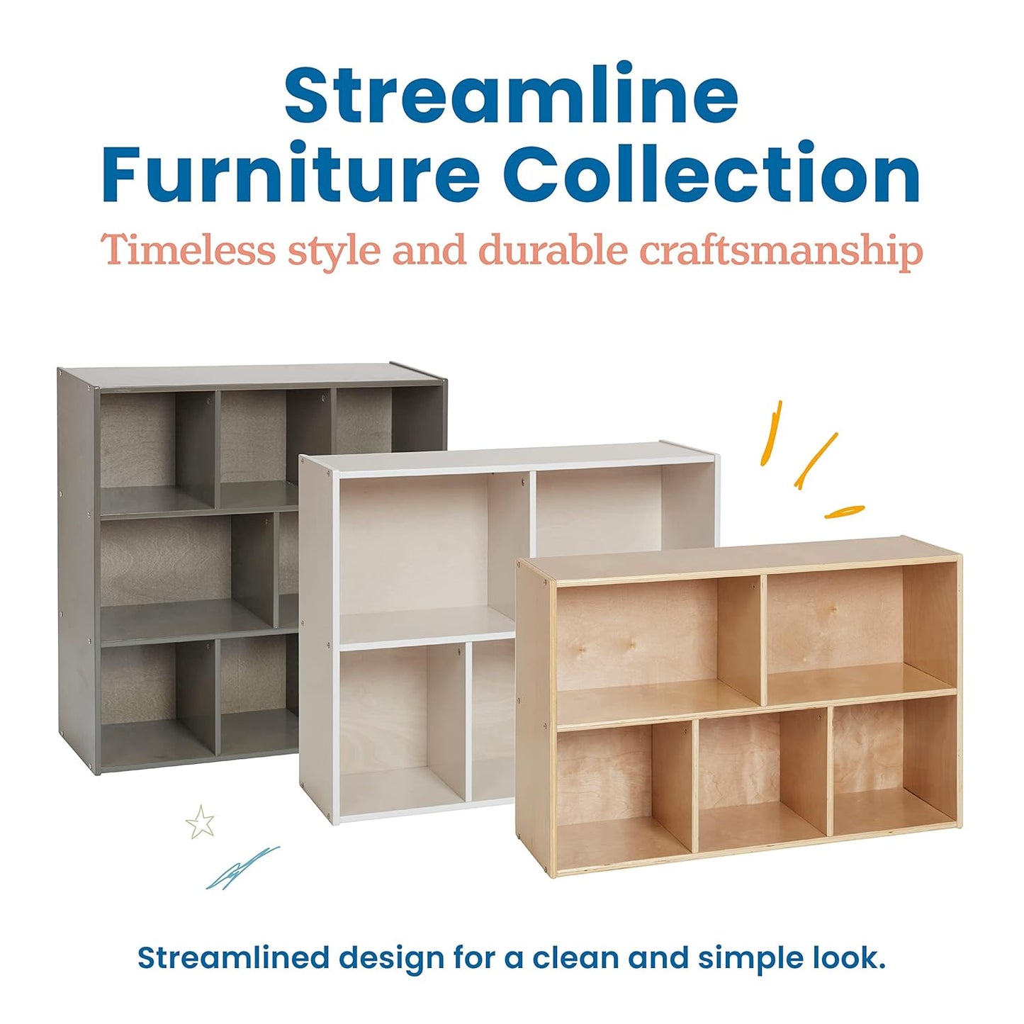 ECR4Kids Streamline 8-Compartment Storage Cabinet, 36in, Classroom Furniture, White Wash