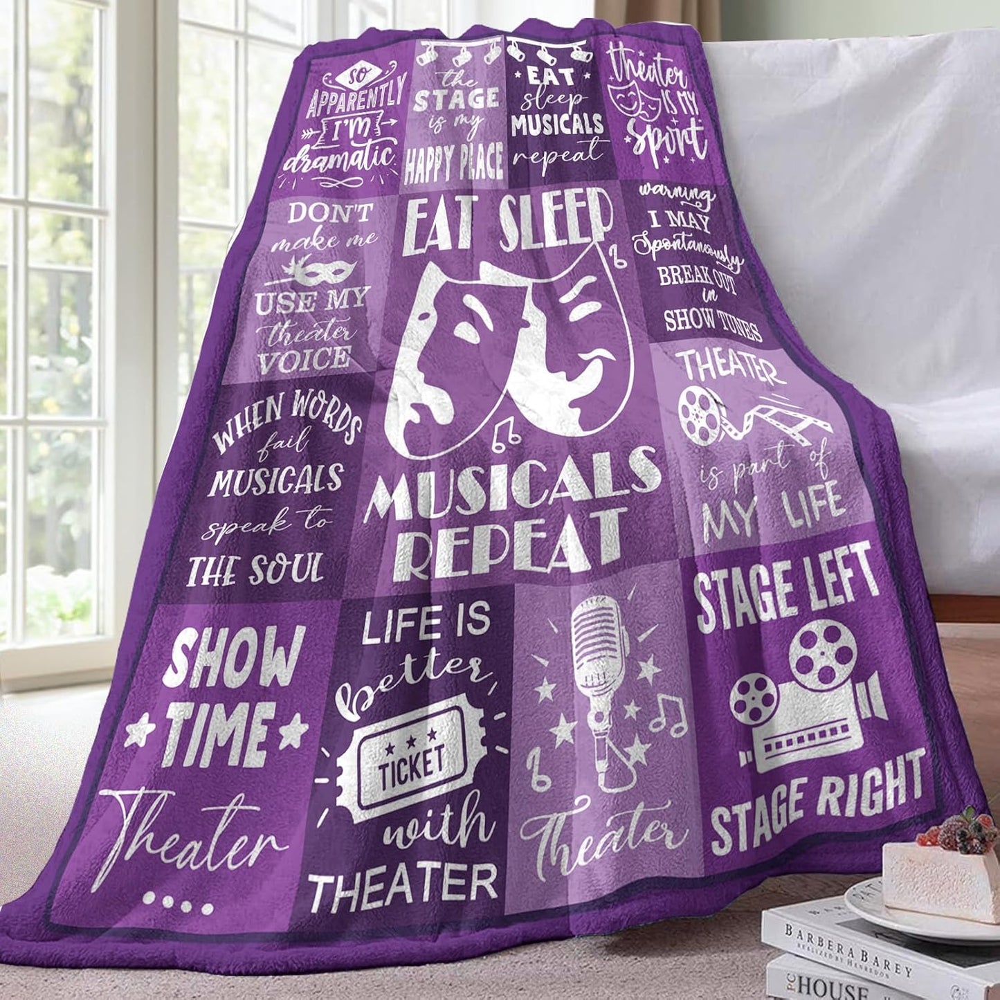 Theater Gifts Flannel Throw Blanket, Musical Present for Broadway Theatre Lover Actor, Birthday Ideas for Women Girl Boy, Eat Sleep Musicals Repeat Purple Blanket 50" x 60"