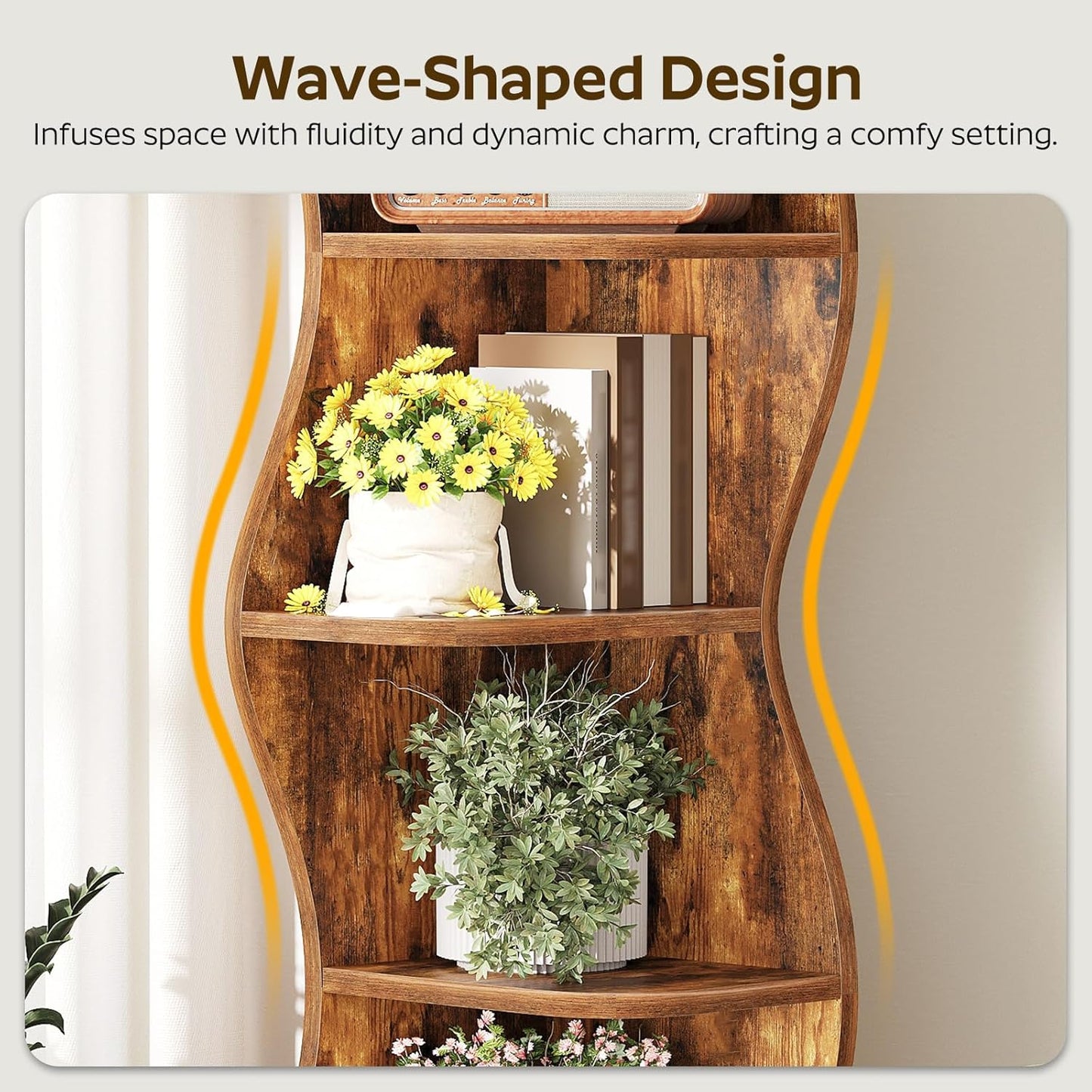 6-Tier Corner Bookshelf with LED Light — 59.3 in Tall, Wooden, Rustic Brown