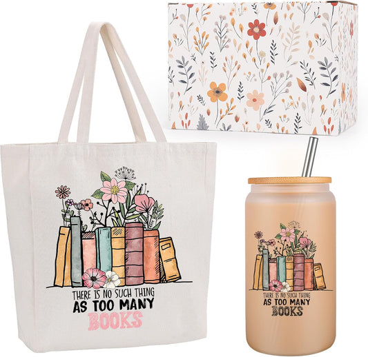 Fairy's Gift Book Lovers 캔버스 토트백 & 반투명 유리 컵 세트, 책 애호가를 위한 어머니의 날 생일 책 선물, 독자를 위한 선물, 여성 사서 교사, 독서 액세서리, 책벌레 선물