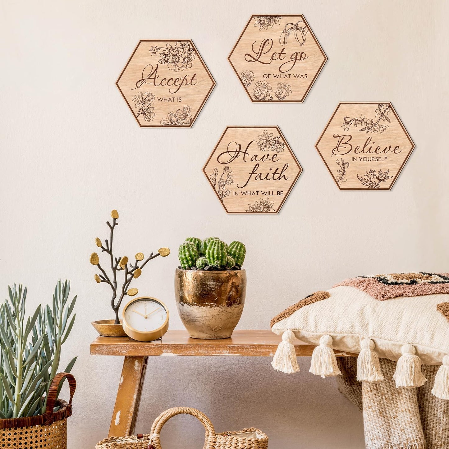 CHDITB Bathroom Wall Art Set of 4: 'Let Go', 'Have Faith', 'Accept', 'Inspirational' Wooden Signs, Rustic Floral Farmhouse Hanging Signs for Home, Spa Decoration - 8.7"x8.9"