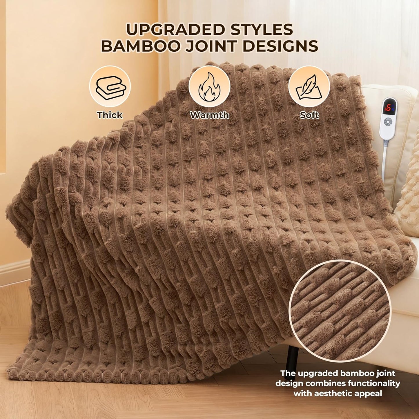 Heated Throw Blanket 50"x60", Electric Blanket with Bamboo Pattern, Luxury Faux Rabbit Fur&Soft Flannel, 6 Heat Settings, 1-4 Hour Auto Shut-Off, Machine Washable (Dark Brown)