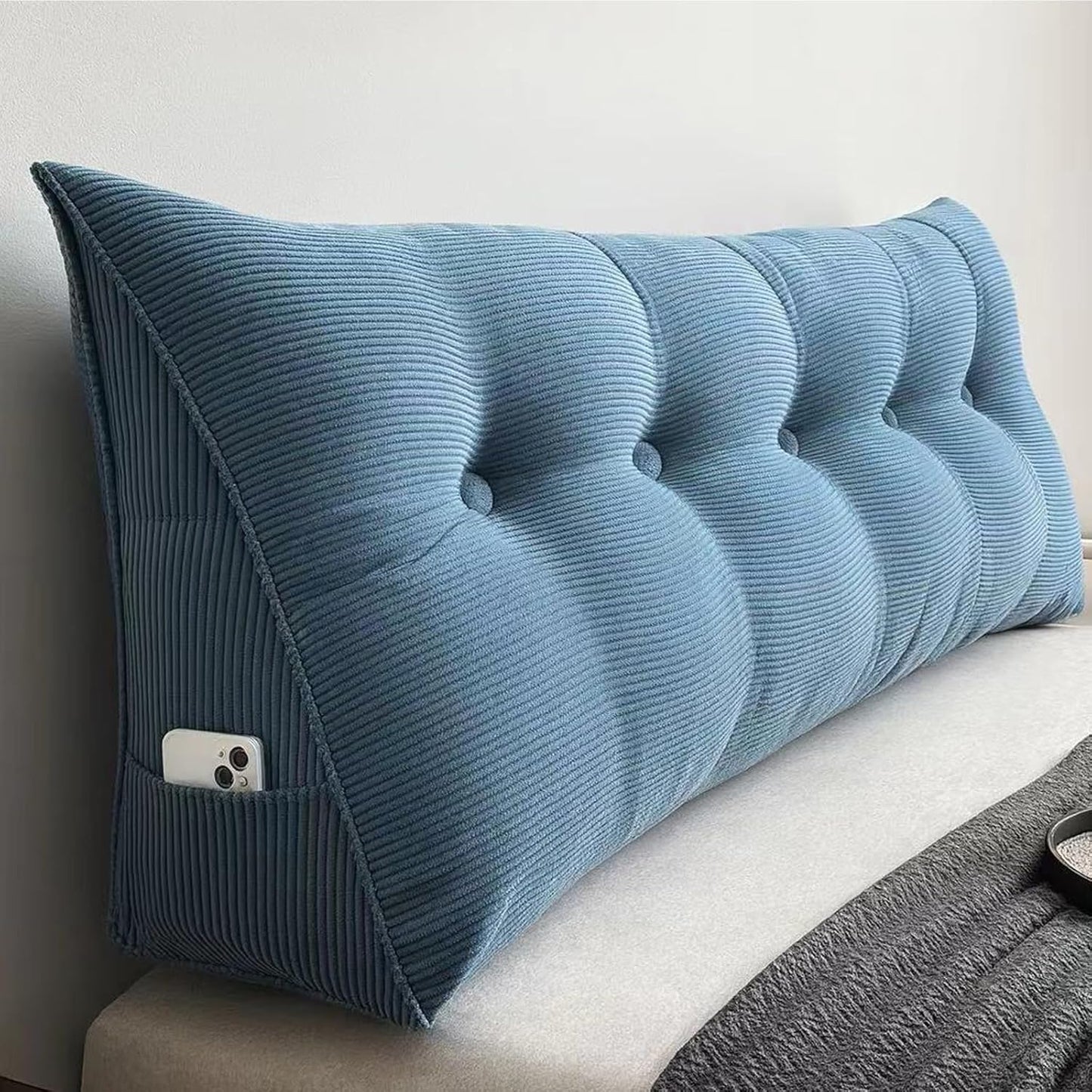 Djft Wedge Headboard Pillow for Bed Sitting & Reading, Bed Backrest Reading Cushion with Removable Cover, Large Sitting Support Pillow with Side Pockets (Blue, King 76in)