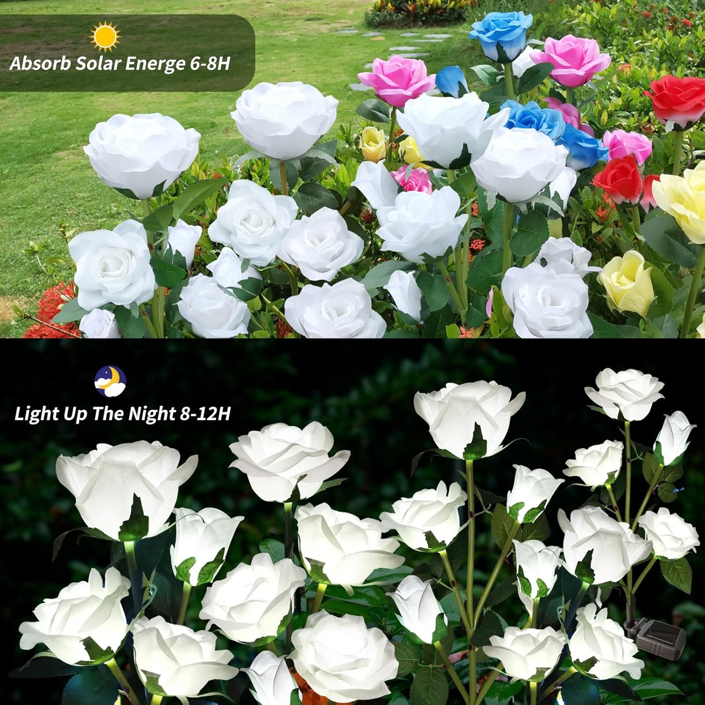 Solar Garden Lights, Solar Outdoor Lights with More Realistic 10 Rose Waterproof Solar Powered Flowers for Outside Patio Yard Pathway Decorations, 2 Pack White